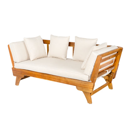 Outdoor Patio Daybed Sofa, 3-Seat Sofa with Foldable Arm 4 Back Pillows, Teak Acacia Wood Frame Beige Removable Cushion