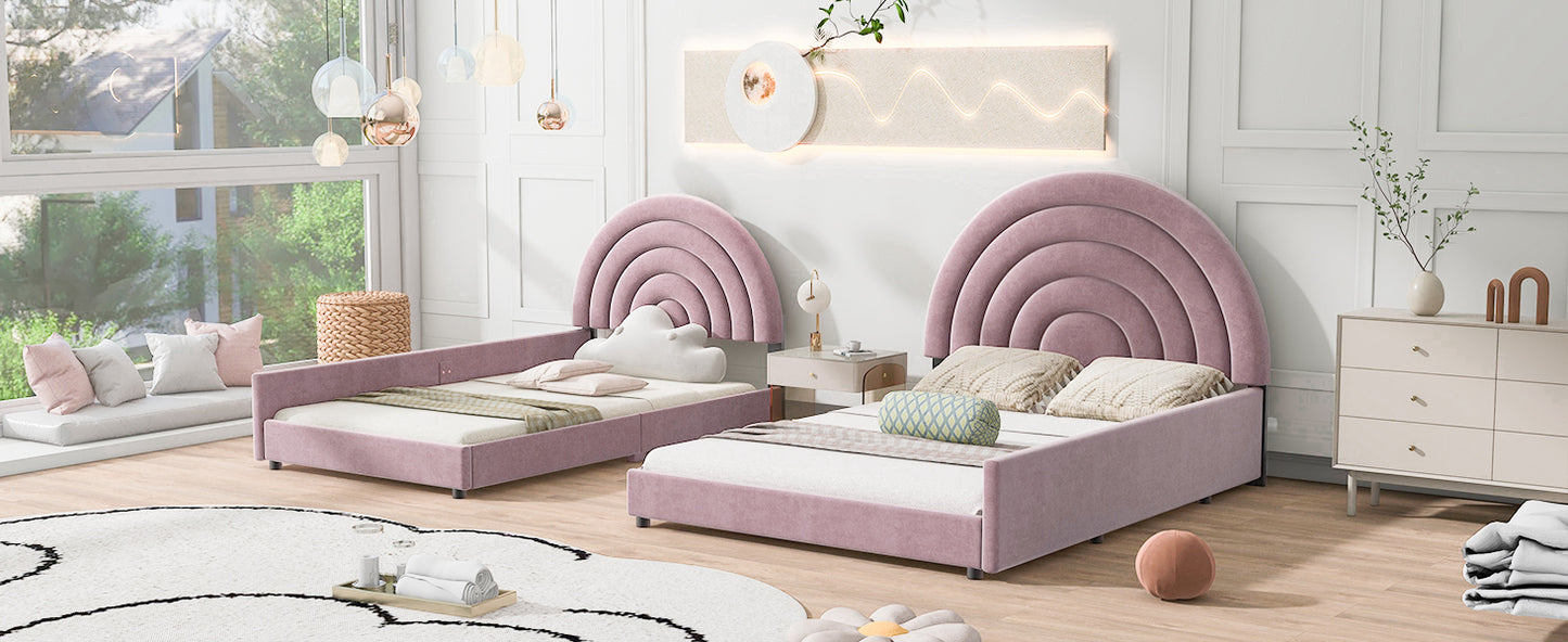 Twin+Full Upholstered Platform Bed Set with Semicircular Headboard, Pink