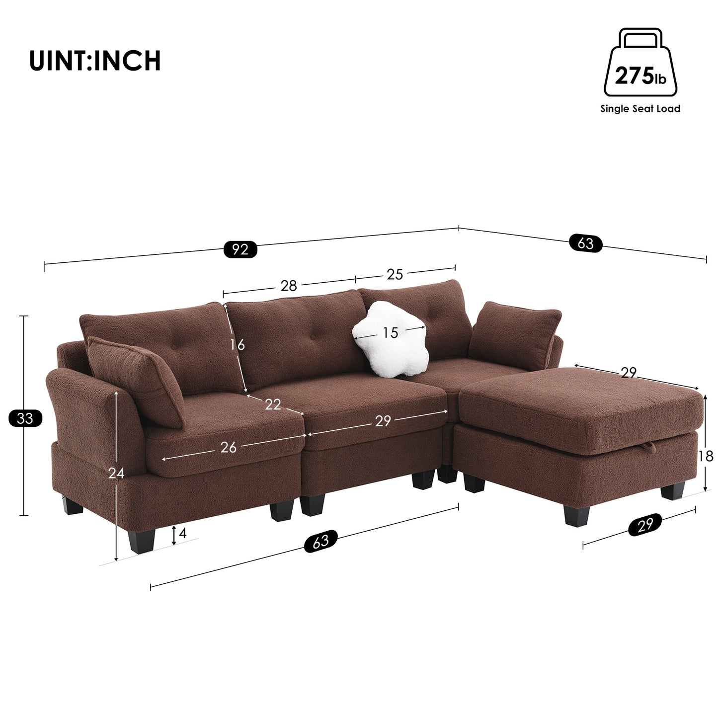 92*63"Modern Teddy Velvet Sectional Sofa,Charging Ports on Each Side,L-shaped Couch with Storage Ottoman,4 seat Interior Furniture 3 Colors(3 pillows)