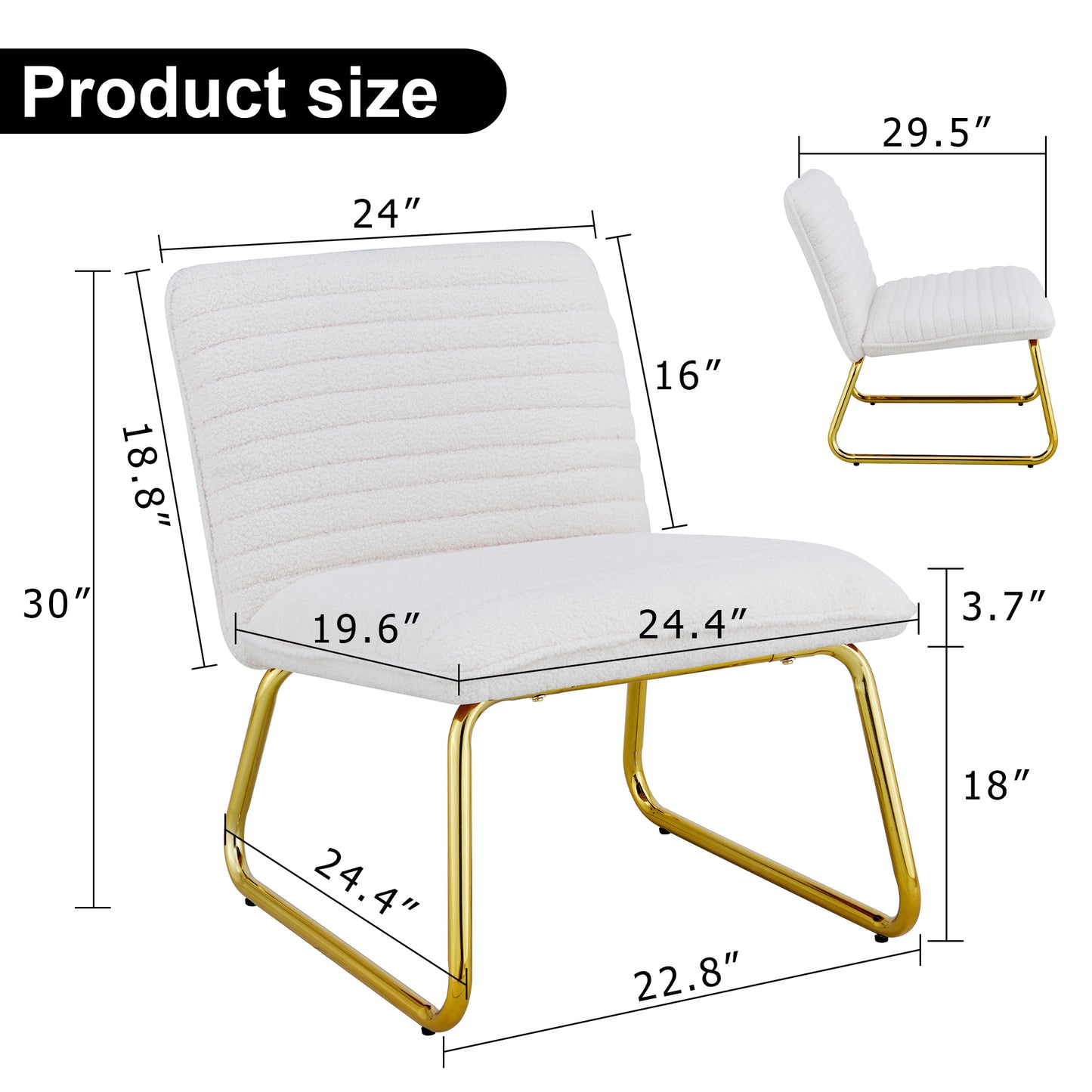 One White minimalist armless sofa chair with plush cushion and backrest paired with golden metal legs