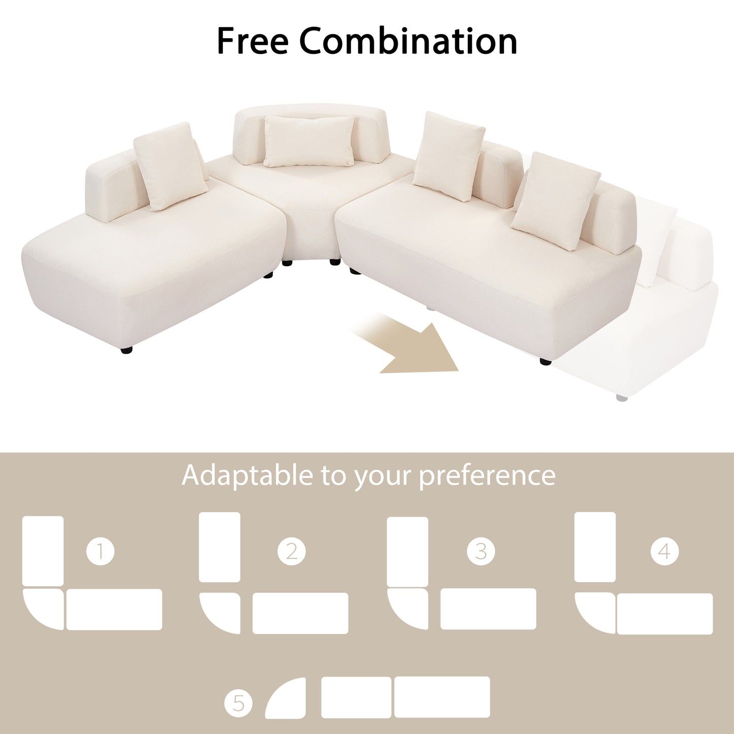 Contemporary 3-piece Sectional Sofa Free Convertible sofa with Four Removable Pillows for Living Room, Beige