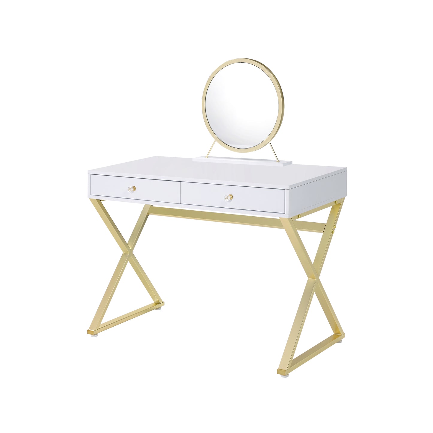 Vanity Desk w/Mirror & Jewelry Tray in White & Gold Finish