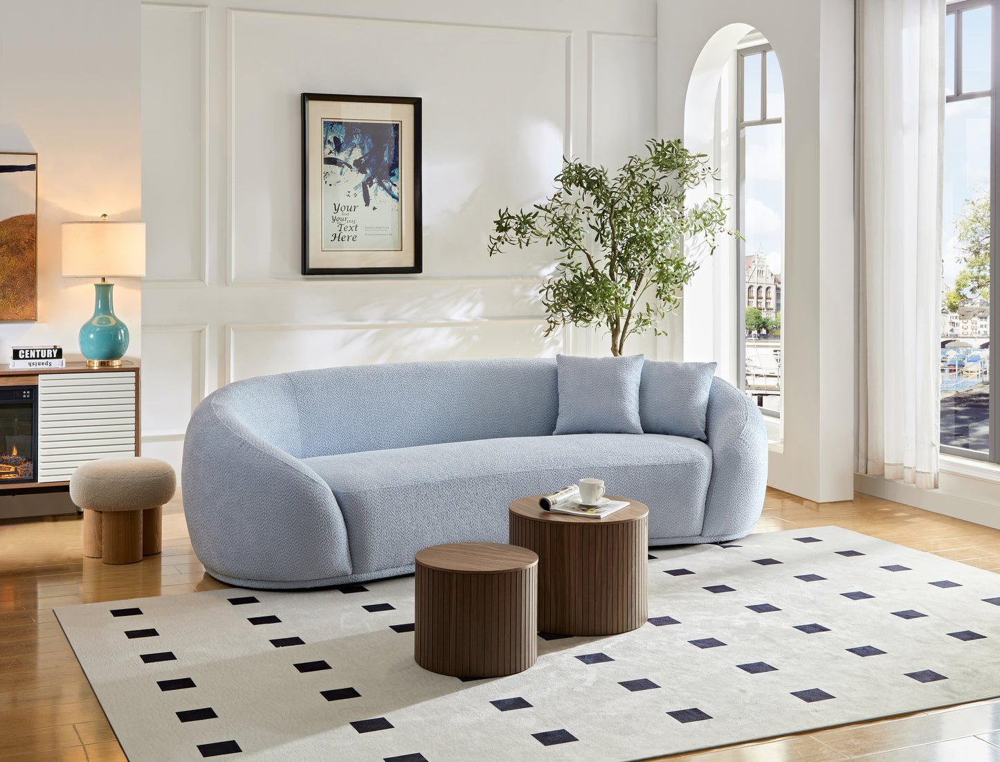 3 seater sofa Modern combination Half Moon casual teddy wool sofa Curved sofa, blue sky