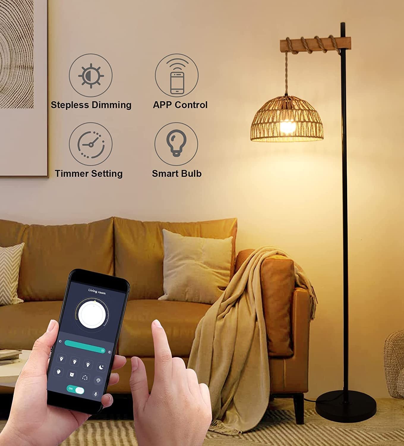 Smart Floor Lamp with Remote Control & APP, Tall Standing Lamp with Rattan Lampshade