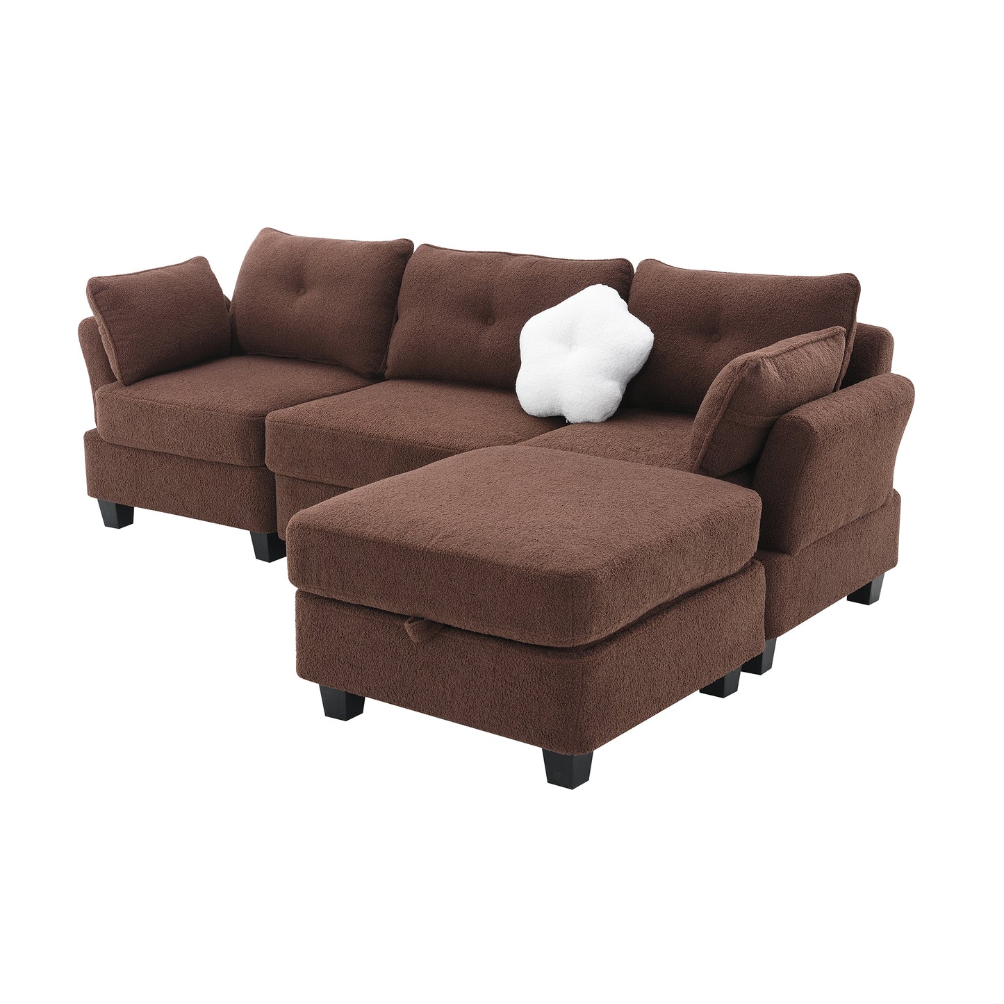 92*63"Modern Teddy Velvet Sectional Sofa,Charging Ports on Each Side,L-shaped Couch with Storage Ottoman,4 seat Interior Furniture 3 Colors(3 pillows)