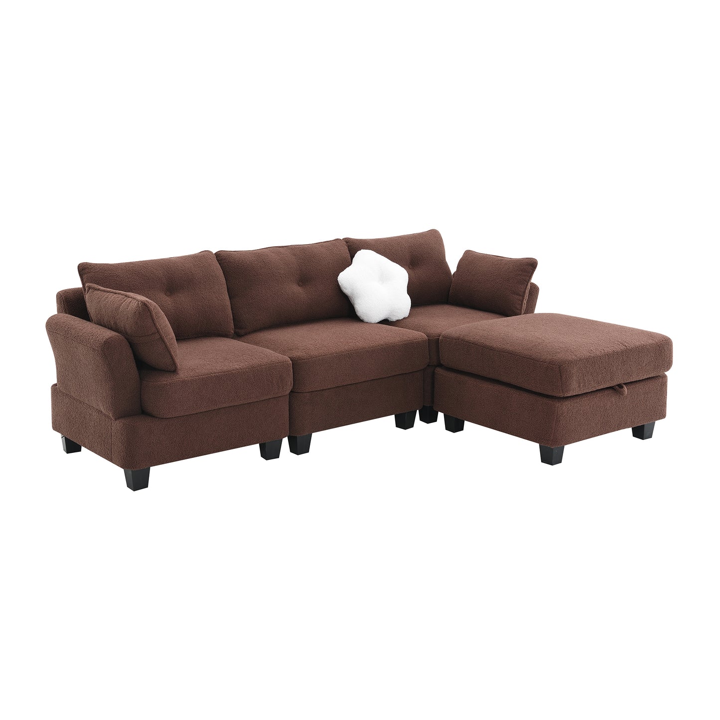 92*63"Modern Teddy Velvet Sectional Sofa,Charging Ports on Each Side,L-shaped Couch with Storage Ottoman,4 seat Interior Furniture 3 Colors(3 pillows)