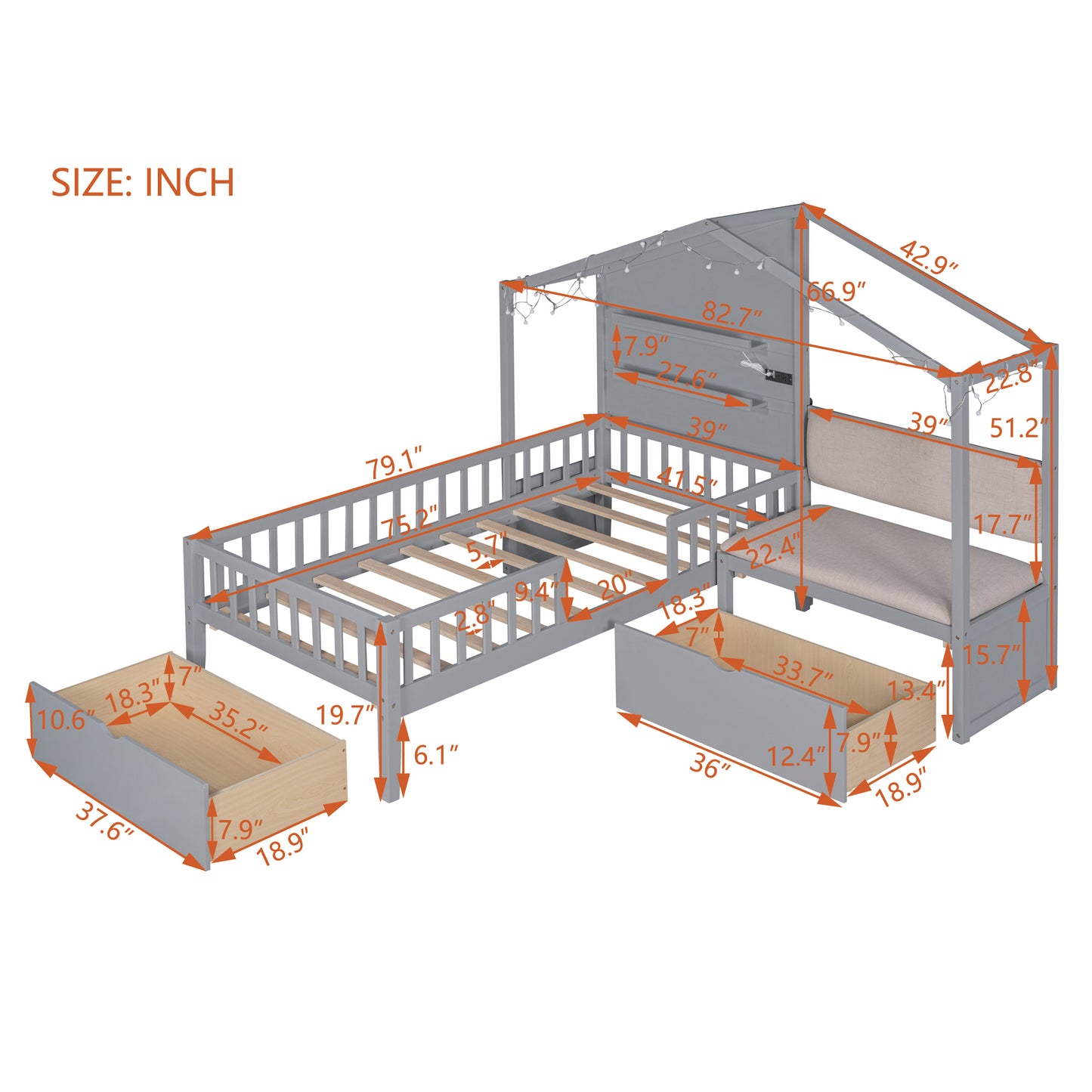 Twin Size House Bed with Upholstered Sofa, House Bed with Charging Station, Wireless Charging, Shelves and Two Drawers, Gray