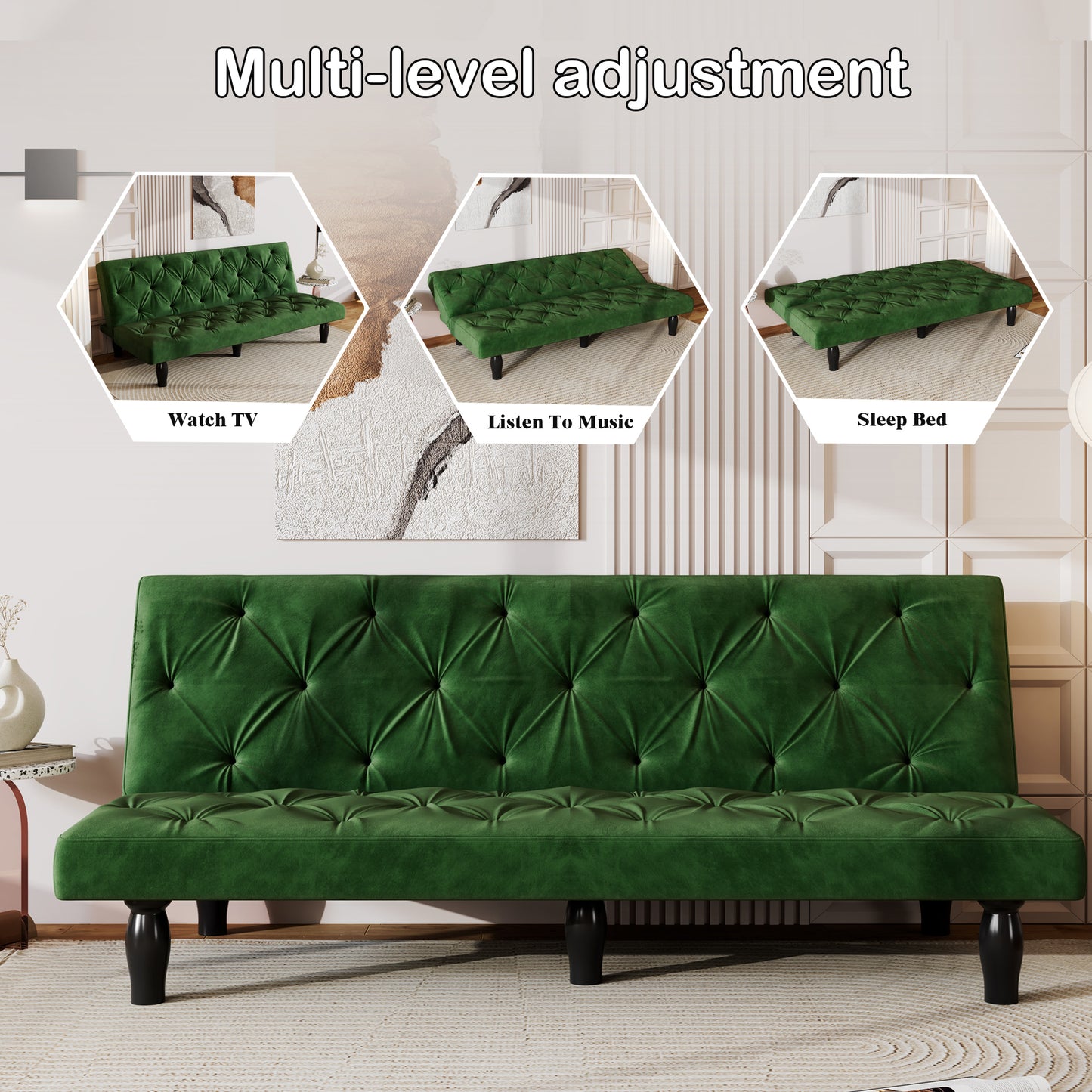 Sofa converts into sofa bed 66" green velvet sofa bed