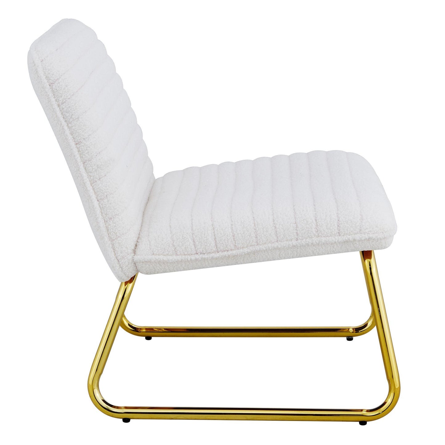 One White minimalist armless sofa chair with plush cushion and backrest paired with golden metal legs