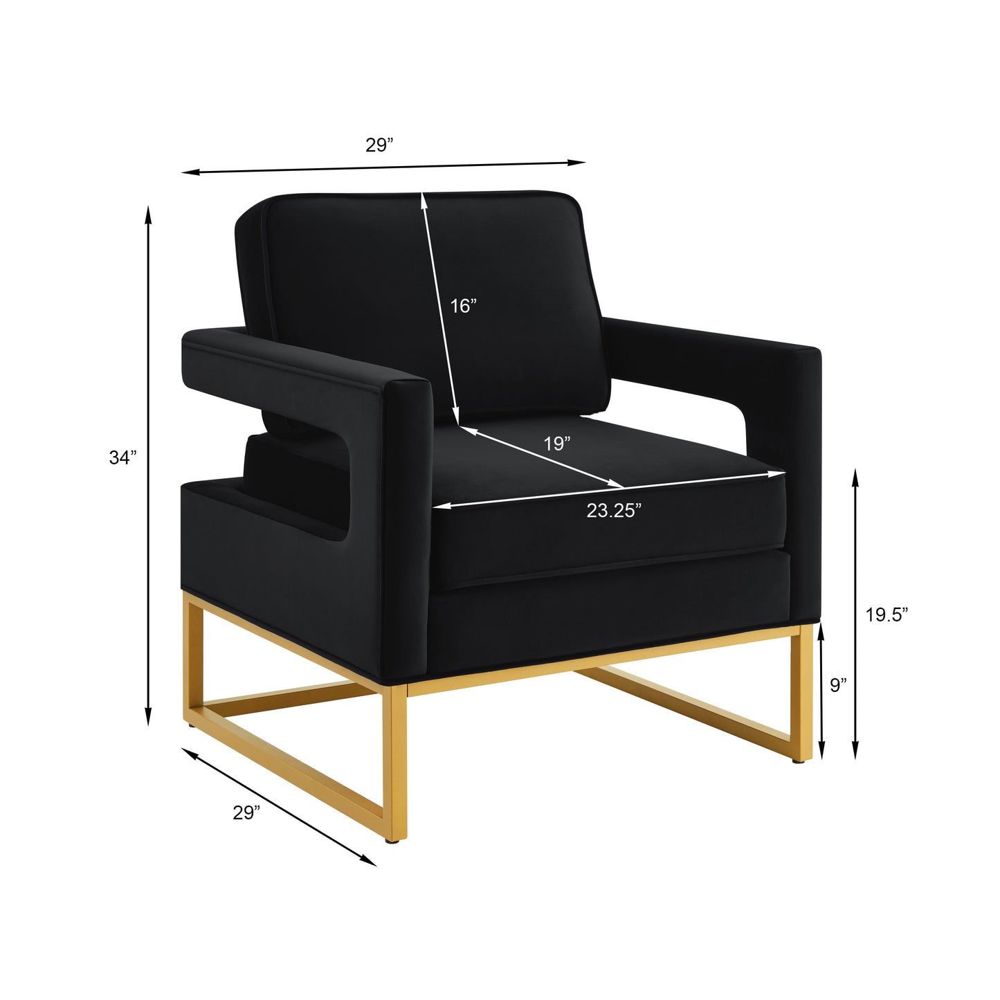 Modern Style Accent Chair with Gold Metal Base , Velvet Upholstered Leisure Chair with Open Armrest, Armchair, Black