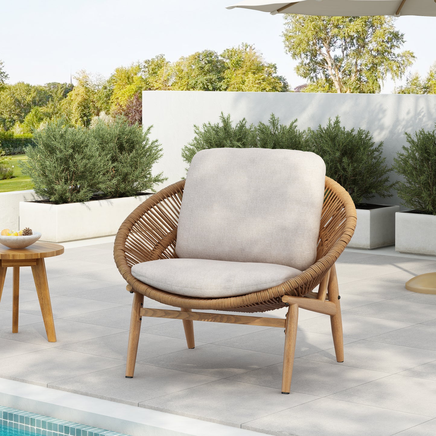 Cyril Outdoor Wicker Papasan Style Lounge Chair, Light Brown Wicker with Beige Cushion, Set of 1