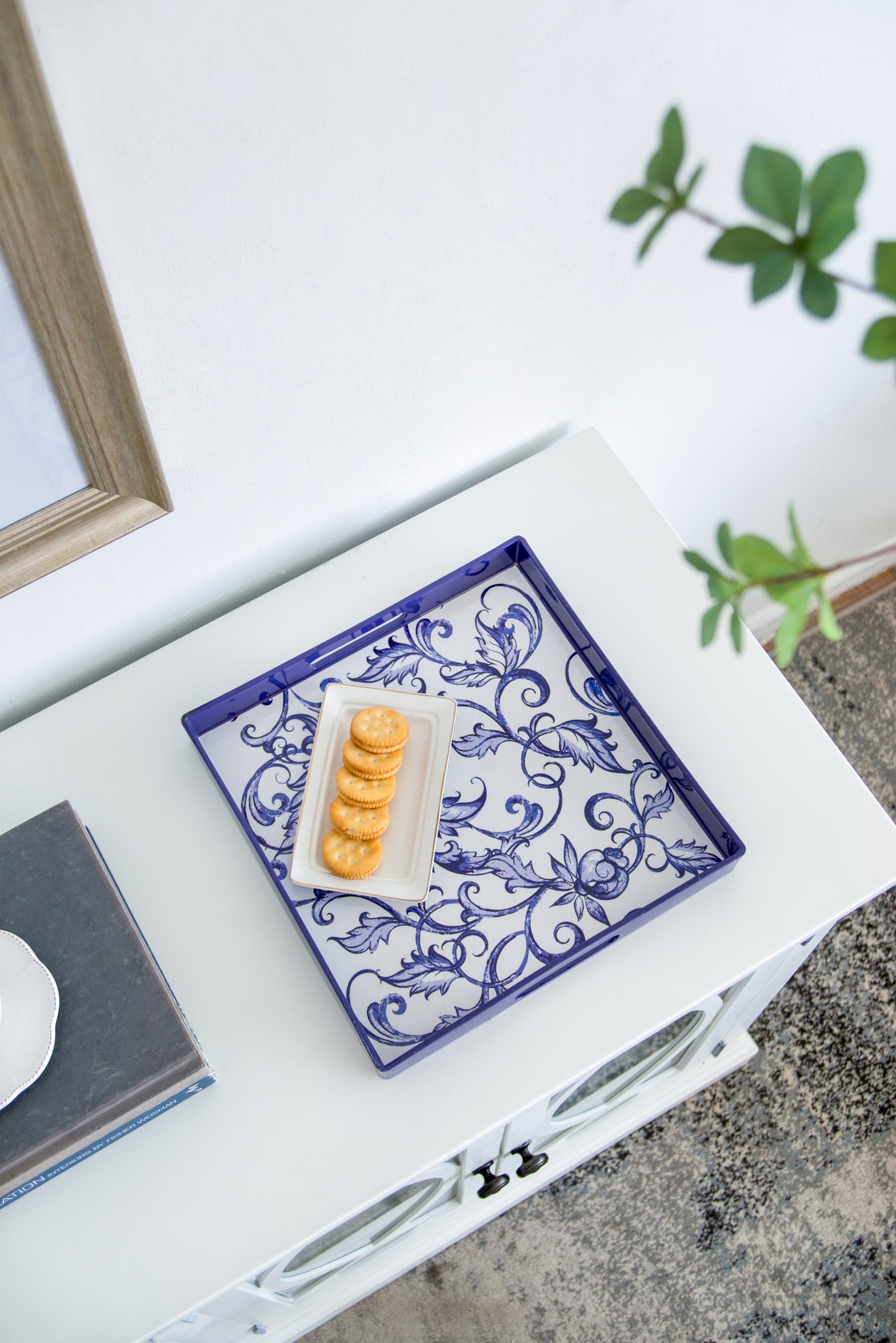 Set of 2 Decorative Trays with Floral Painting, Blue Serving Tray with Handles