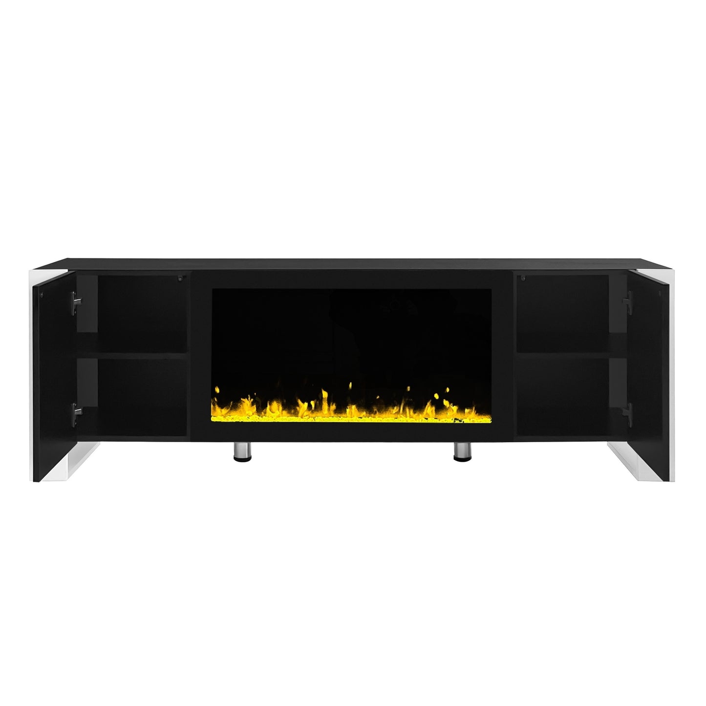 ON-TREND Modern TV Stand with 34.2" Non-heating Electric Fireplace, High Gloss Entertainment Center with 2 Cabinets, Media Console for TVs up to 78", Black