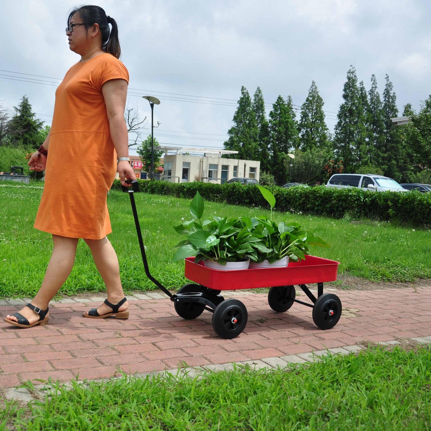 Garden cart Reuniong  Railing,  solid Wheels, All Terrain Cargo Wagon with 280lbs Weight Capacity, Red