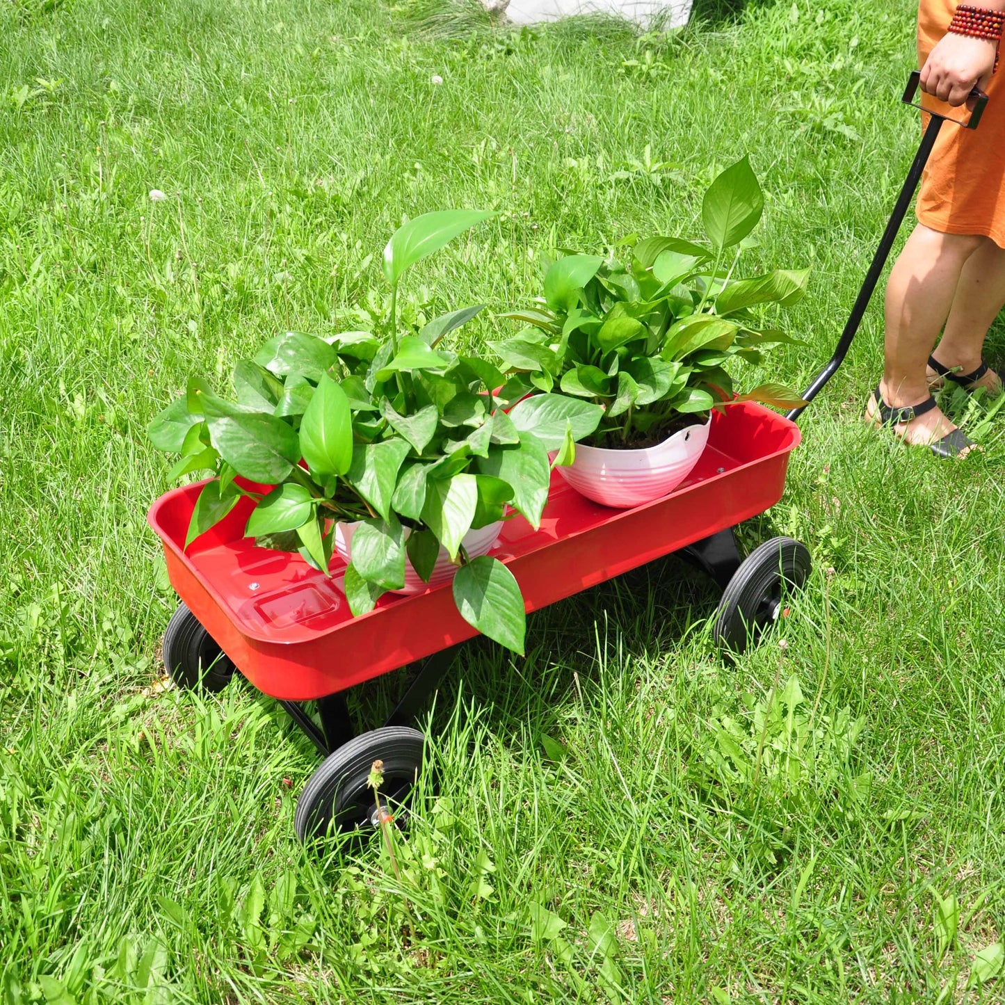 Garden cart Reuniong  Railing,  solid Wheels, All Terrain Cargo Wagon with 280lbs Weight Capacity, Red