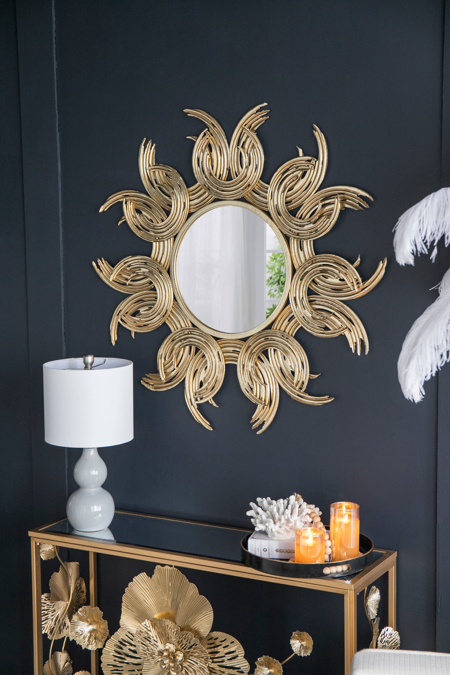 38" Sunburst Metal Decorative Mirror with Gold Finish, Boho Wall Decor