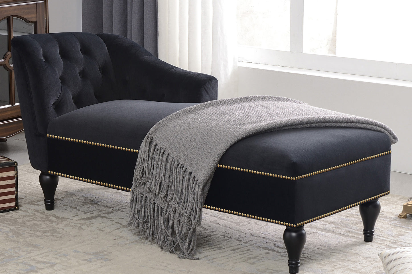 58''Velvet Chaise Lounge,Button Tufted Right Arm Facing Lounge Chair with Nailhead Trim & Solid Wood Legs