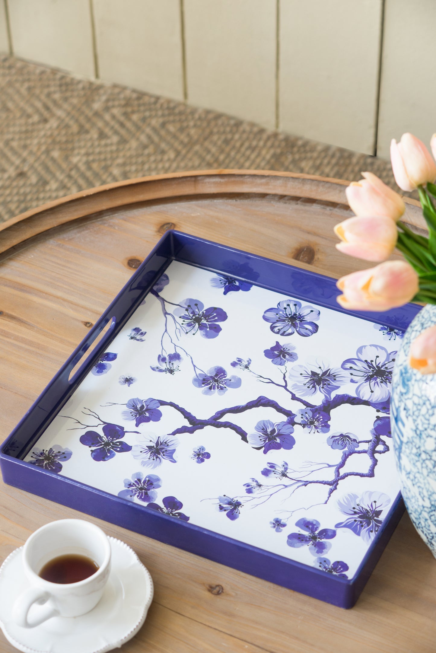 Set of 2 Decorative Trays with Floral Painting, Blue Serving Tray with Handles