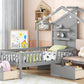 Twin Size House Bed with Upholstered Sofa, House Bed with Charging Station, Wireless Charging, Shelves and Two Drawers, Gray