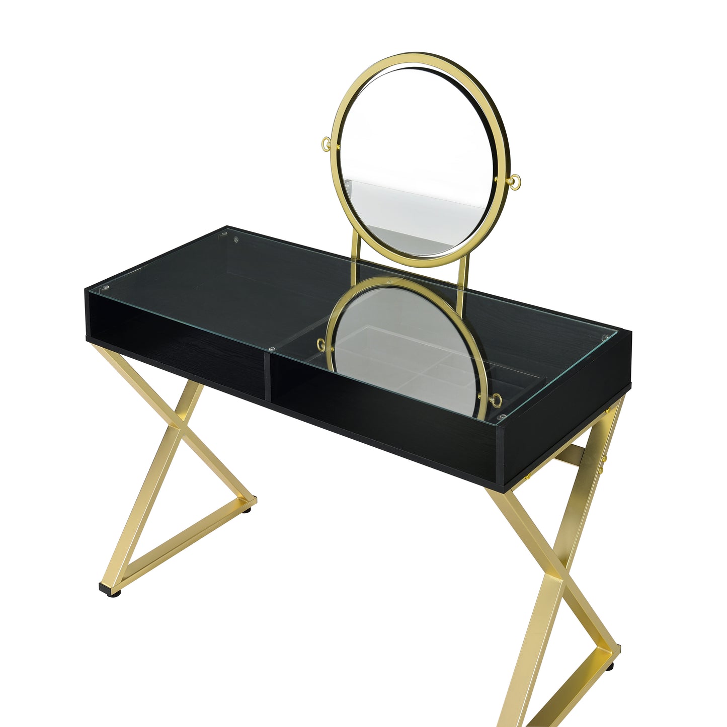 Vanity Desk w/Mirror & Jewelry Tray in Black & Gold Finish