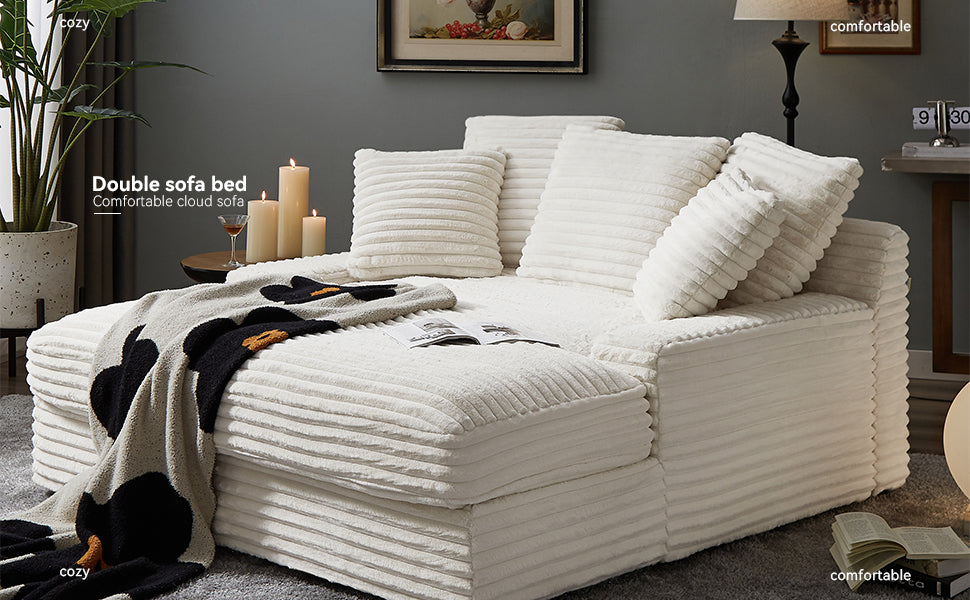 Modern Double Sleeper Sofa Comfortable Cloud Couch Soft Fluffy Corduroy Upholstery with Square Armrests