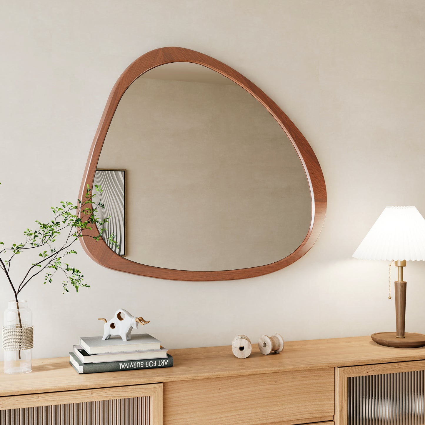 Solid Wood Mirror 45 Inch Asymmetrical Wall Mirror Wooden Framed Mirror Large Sized Dressing Mirror