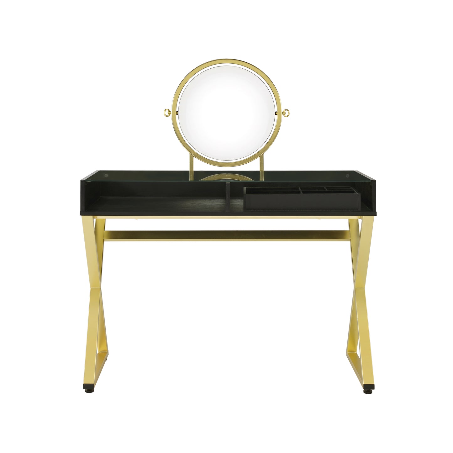 Vanity Desk w/Mirror & Jewelry Tray in Black & Gold Finish