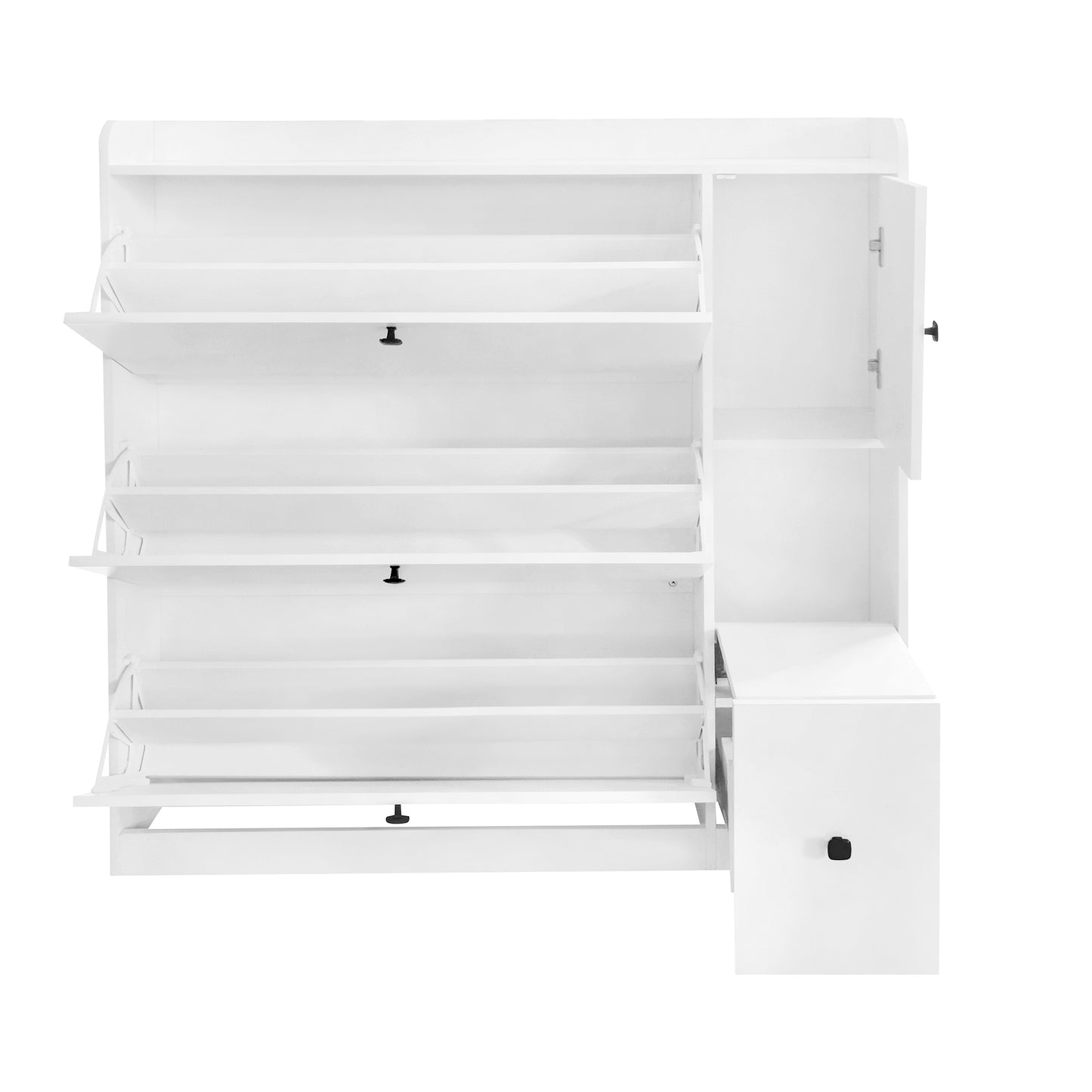 ON-TREND Versatile Shoe Cabinet with 3 Flip Drawers, Maximum Storage Entryway Organizer with Drawer, Free Standing Shoe Rack with Pull-down Seat for Hallway, White