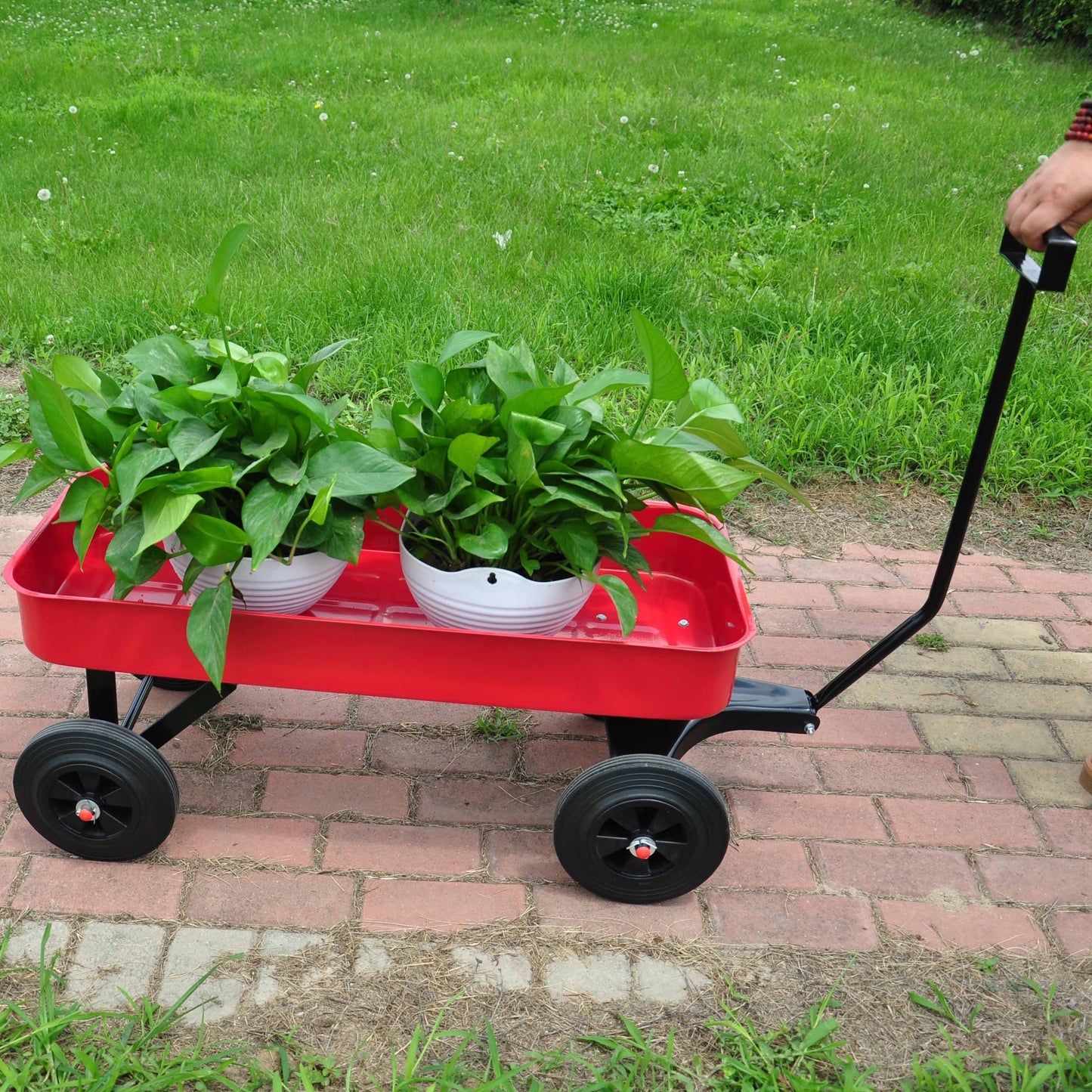 Garden cart Reuniong  Railing,  solid Wheels, All Terrain Cargo Wagon with 280lbs Weight Capacity, Red