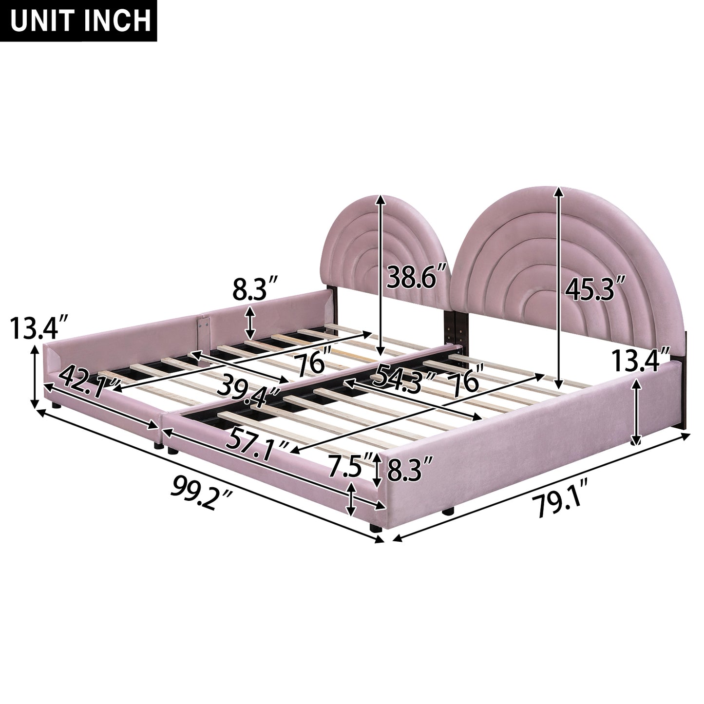 Twin+Full Upholstered Platform Bed Set with Semicircular Headboard, Pink