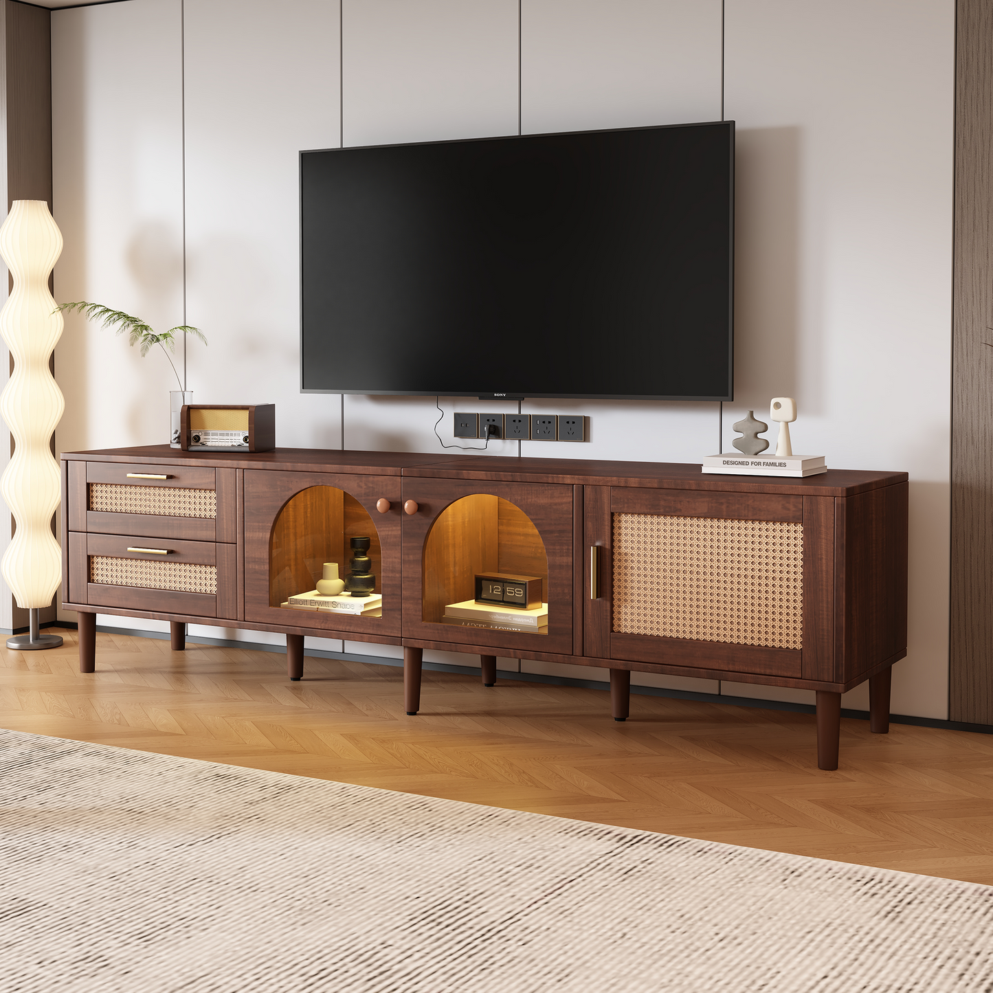 Rattan TV Stand with 3 Cabinets & 2 Drawers, Rattan-inspired Media Console Table for TVs up to 80'', LED Light Entertainment Center, TV cabinet