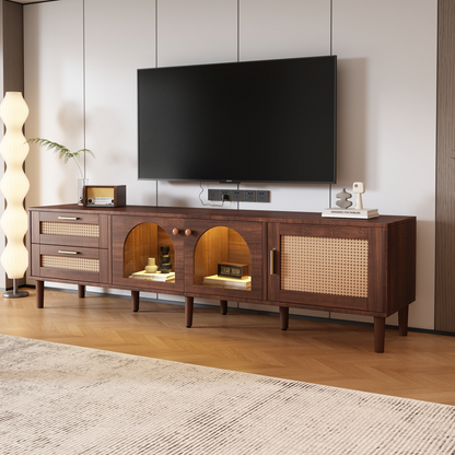Rattan TV Stand with 3 Cabinets & 2 Drawers, Rattan-inspired Media Console Table for TVs up to 80'', LED Light Entertainment Center, TV cabinet