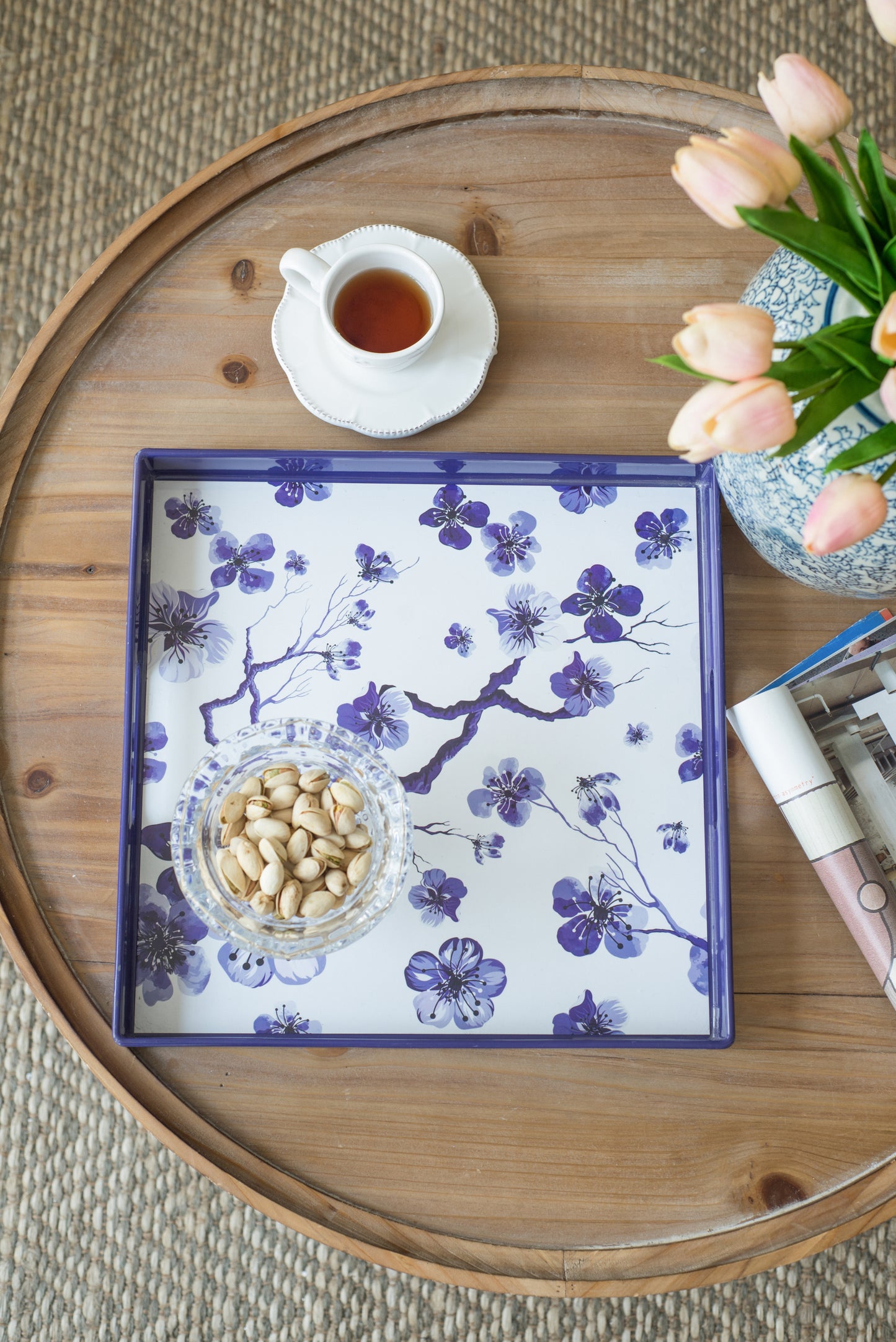 Set of 2 Decorative Trays with Floral Painting, Blue Serving Tray with Handles