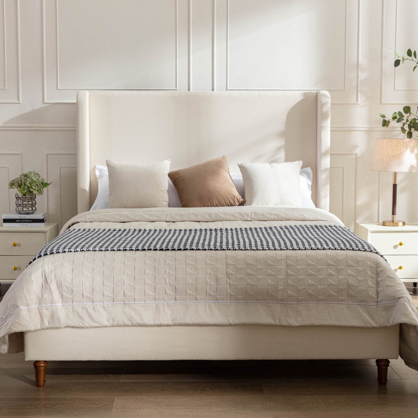 Harper Tall Headboard Upholstered Bed / 54" High Headboard / Elegant Simplicity / No Box Spring Needed / Easy Assembly / Queen / Ivory Boucle