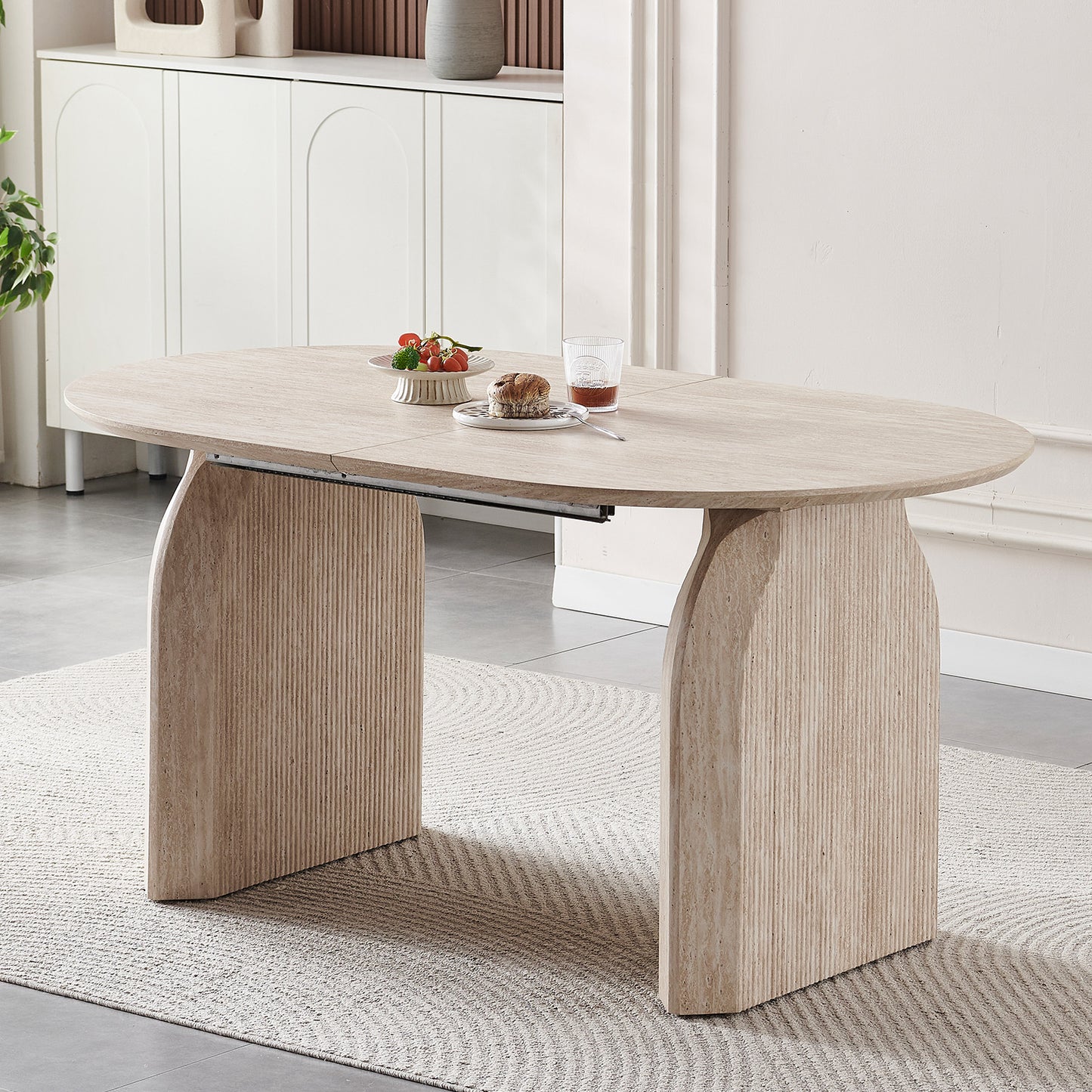 Wood Extendable Dining Table, Modern Oval Kitchen Table with Stylish Dual - Pillar Design, Perfect for Home Dining & Gathering, Multi-functional and Space-saving, Living Room and Dining Room.
