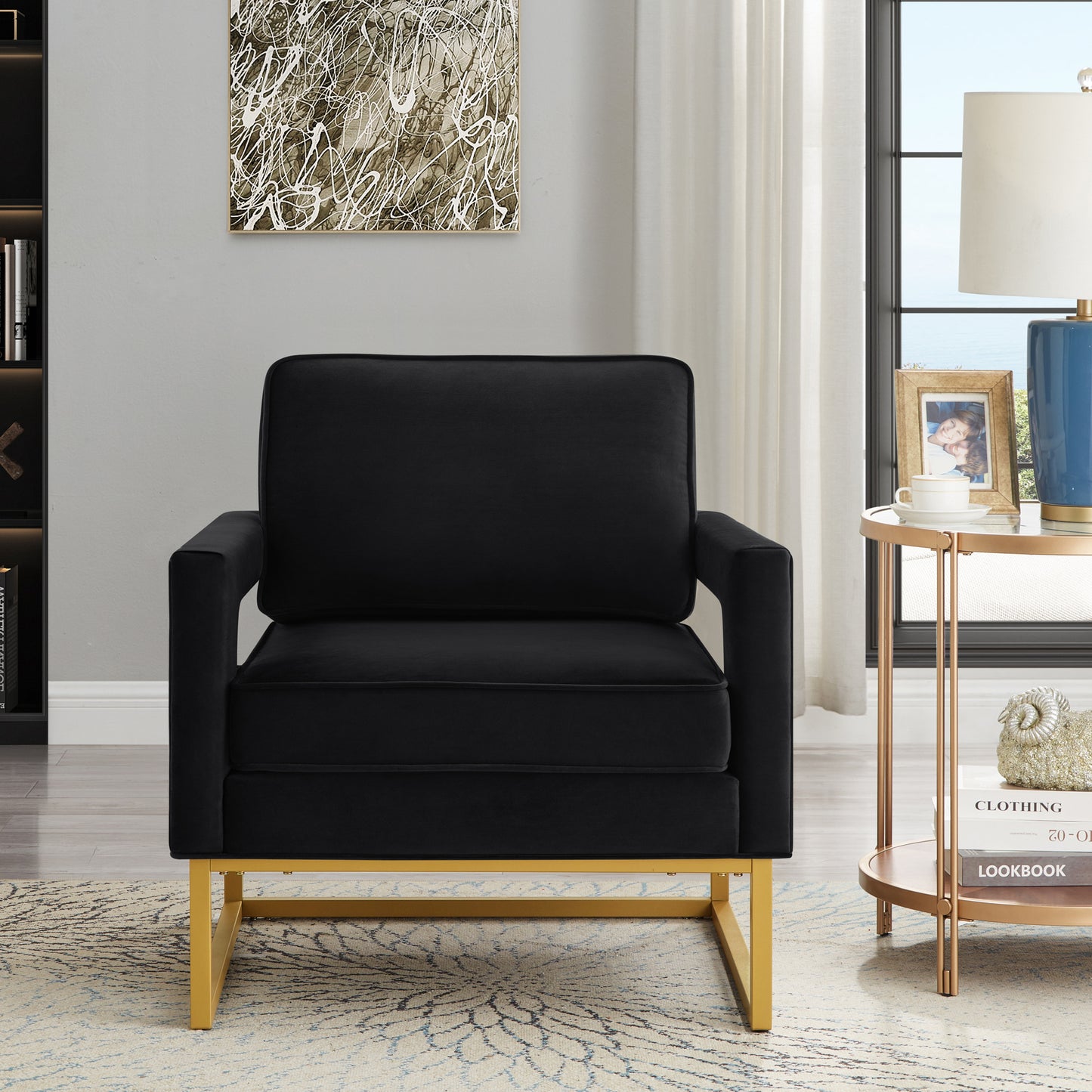 Modern Style Accent Chair with Gold Metal Base , Velvet Upholstered Leisure Chair with Open Armrest, Armchair, Black