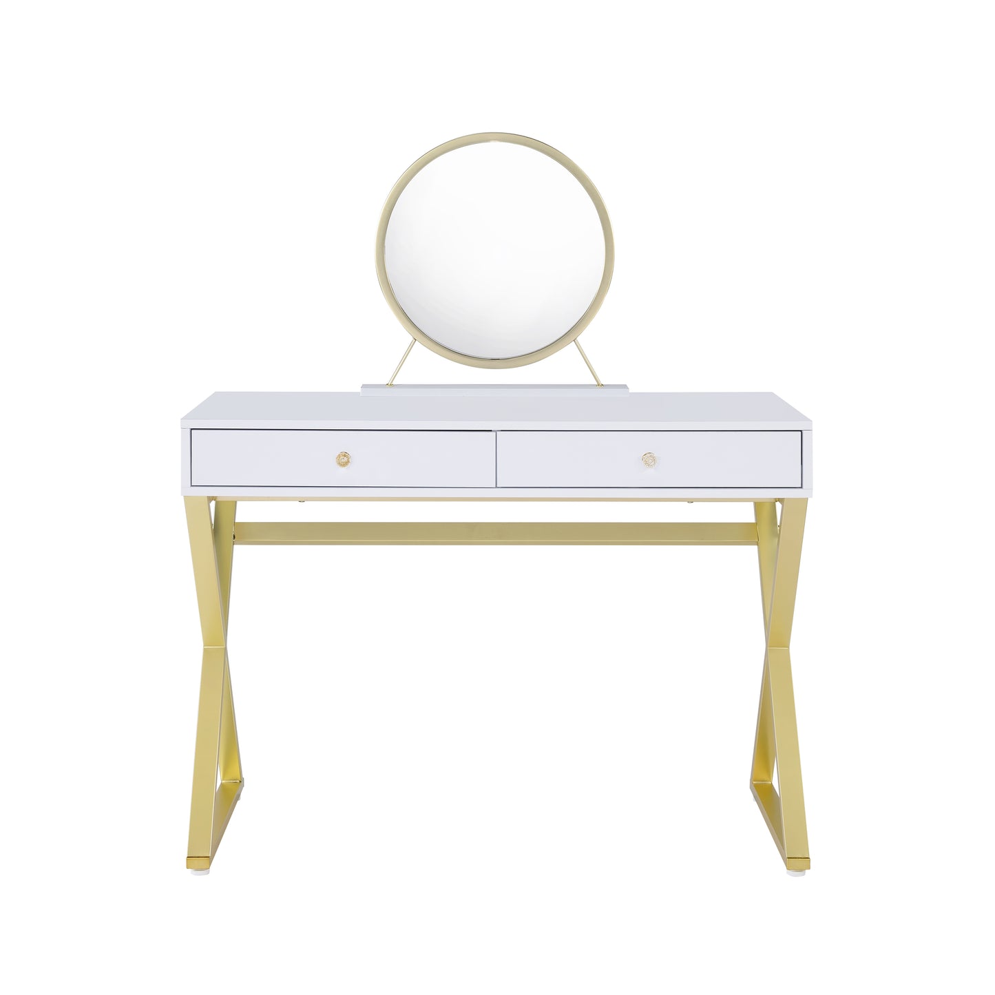 Vanity Desk w/Mirror & Jewelry Tray in White & Gold Finish