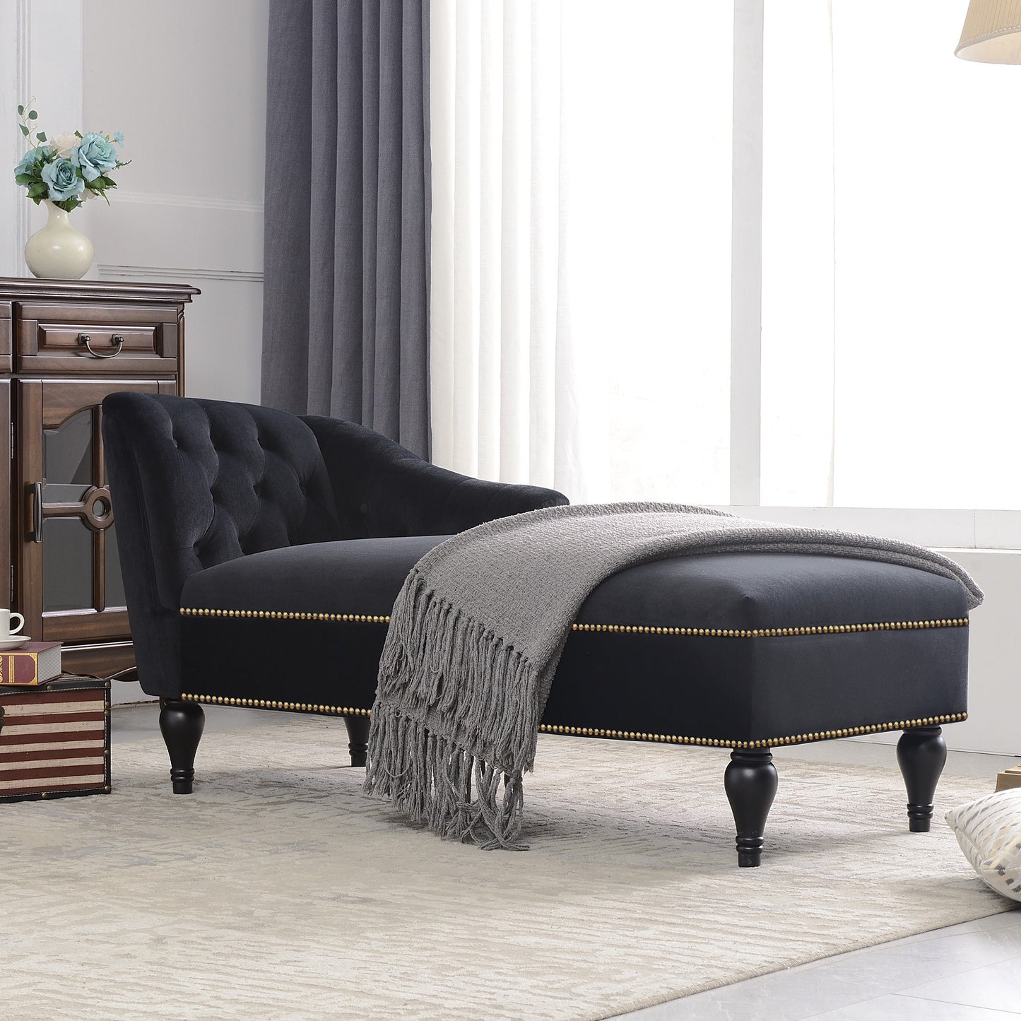 58''Velvet Chaise Lounge,Button Tufted Right Arm Facing Lounge Chair with Nailhead Trim & Solid Wood Legs