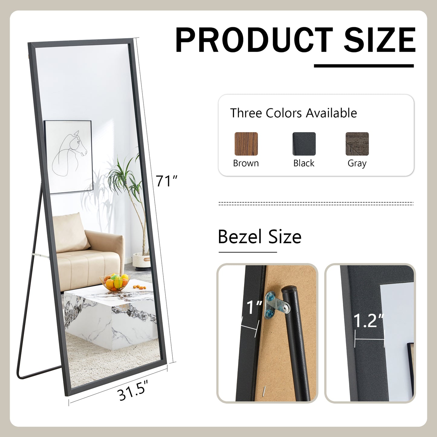 Fourth generation black solid wood frame full-length mirror, dressing mirror, bedroom porch, decorative mirror, clothing store, floor standing large mirror, wall mounted. 71 "* 31.5"