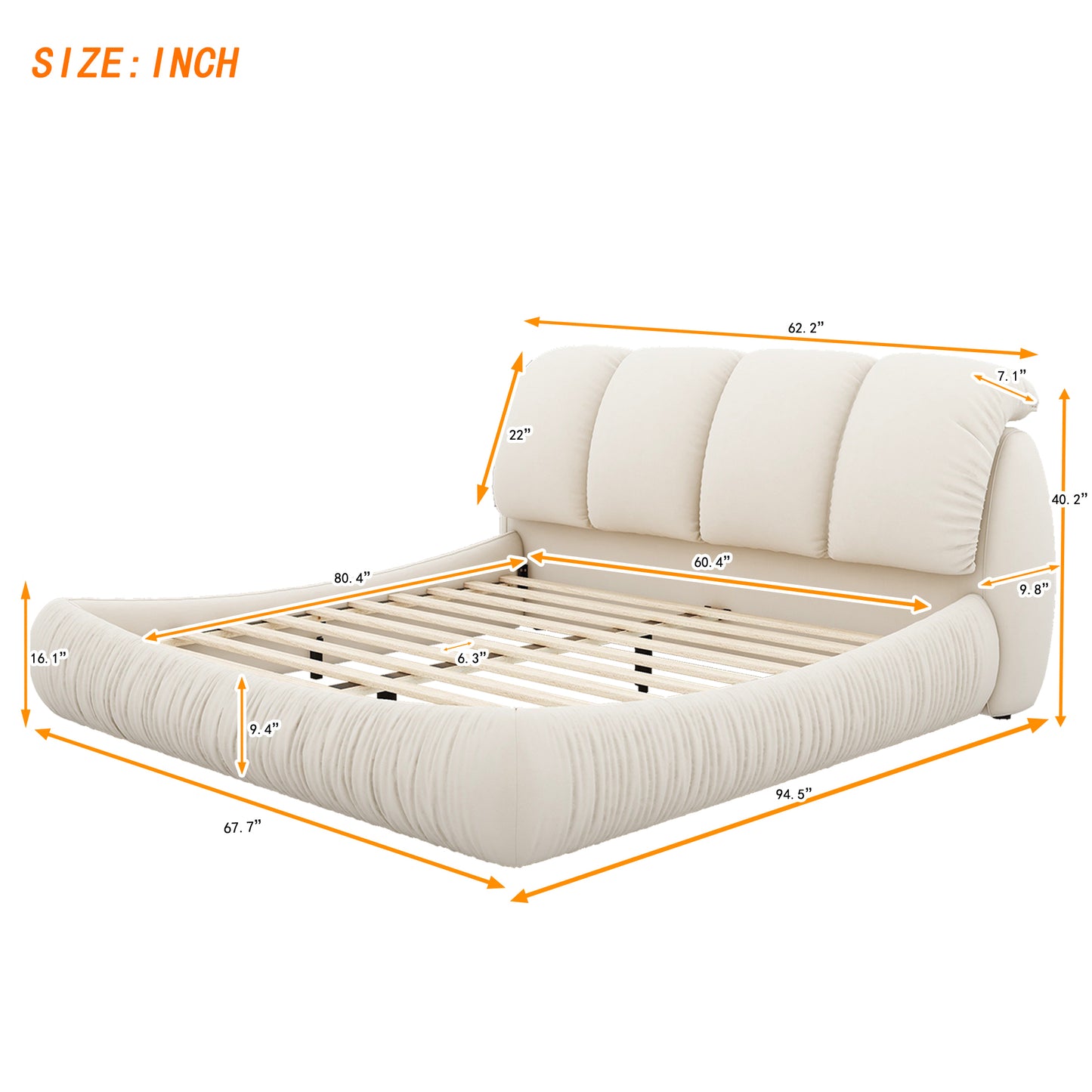 Queen Size Luxury Upholstered Bed With Thick Headboard, Velvet Queen Bed with Oversized Padded Backrest, Beige