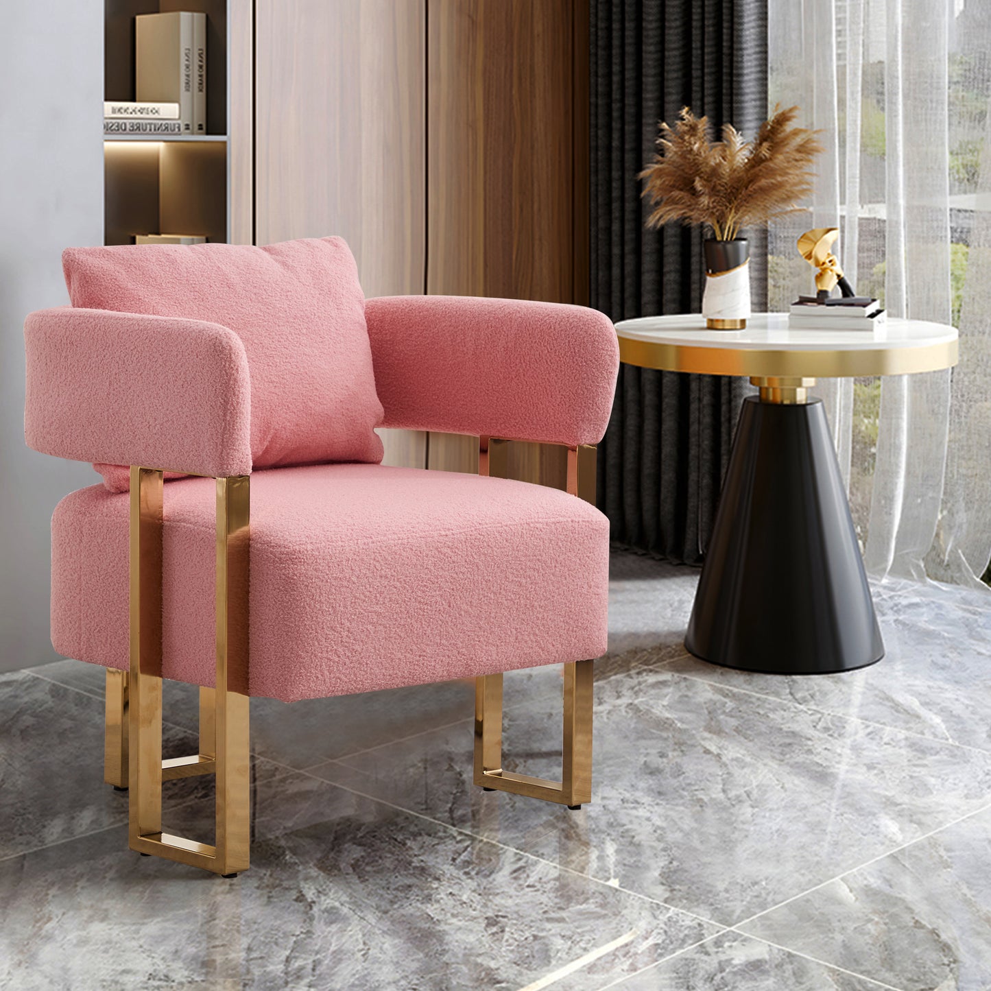 TS Modern decorative chair, living room side chair with gold metal legs, Teddy fleece upholstered metal foot sofas 2PCS Pink