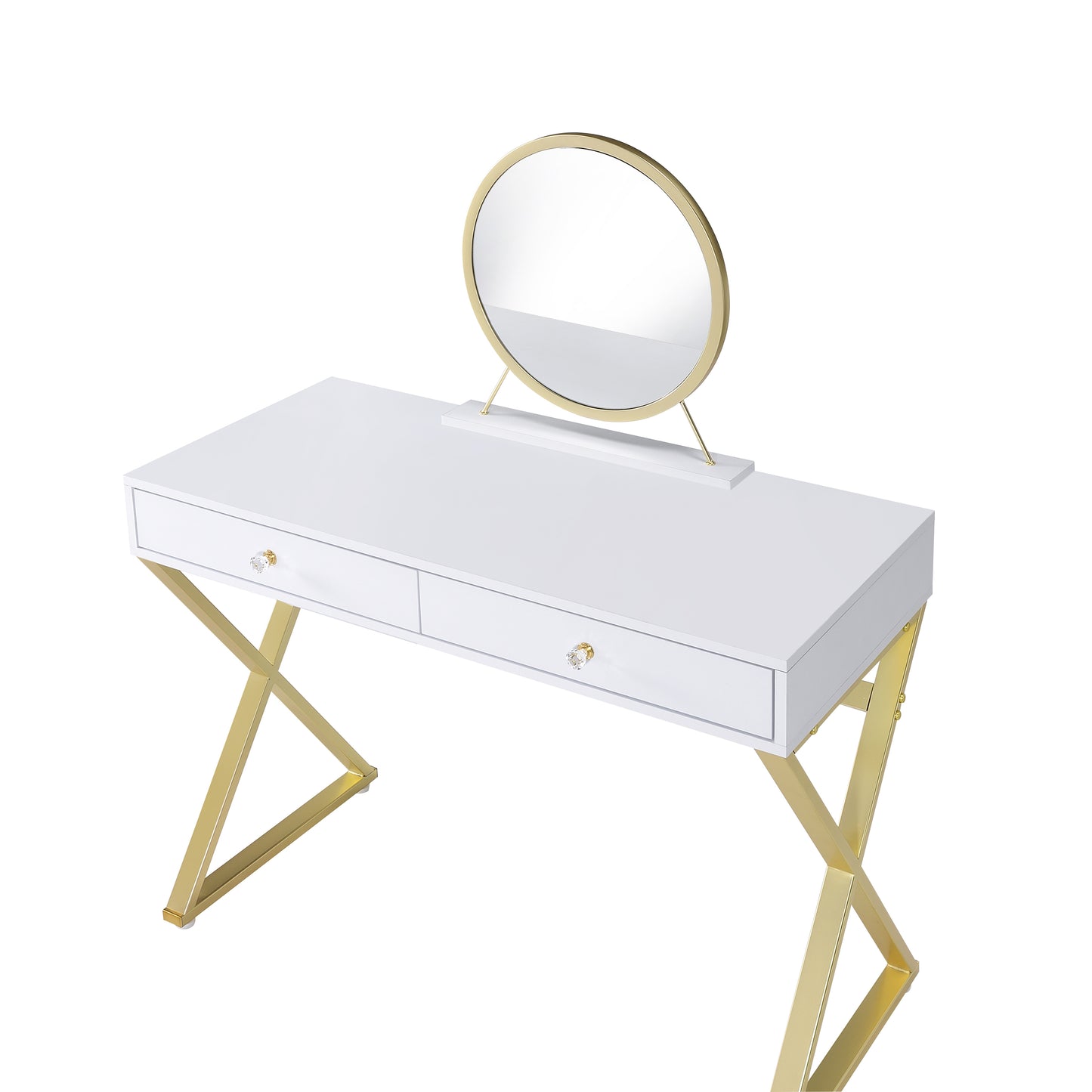 Vanity Desk w/Mirror & Jewelry Tray in White & Gold Finish