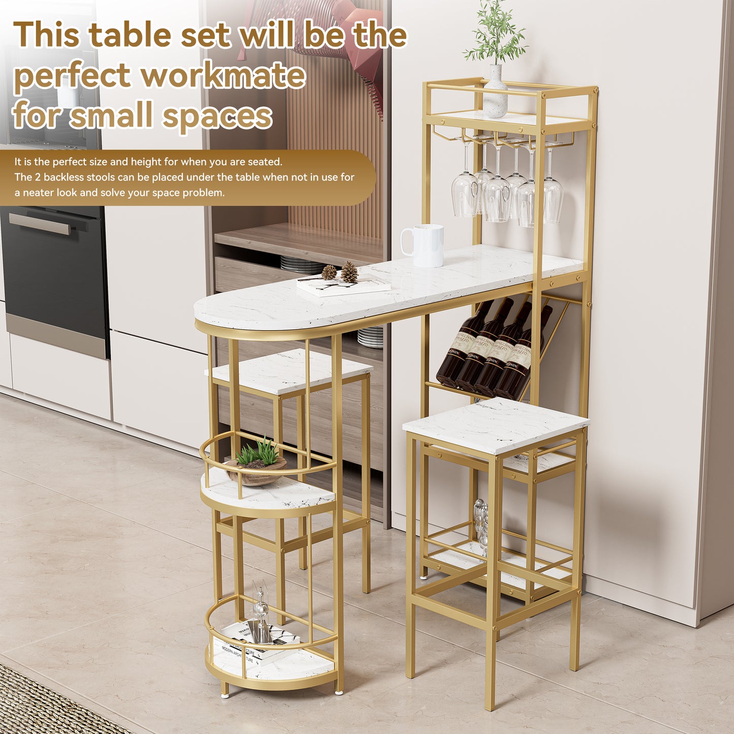 3 Pcs Bar Table and Chairs Set, Modern White Kitchen Bar Height Dining Table Wood Breakfast Pub Table with Gold Base with Shelves, Glass Rack, Wine Bottle Rack ,with 2 Bar Stools