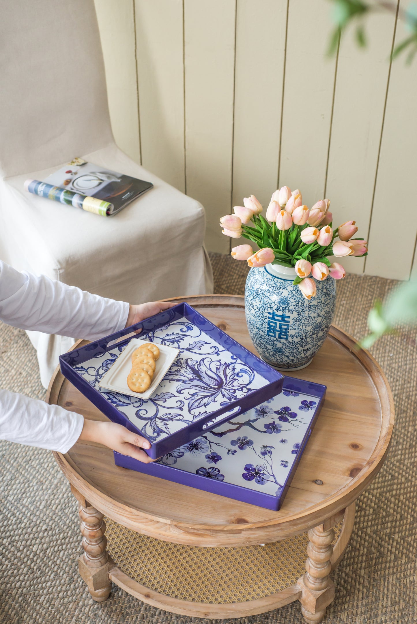 Set of 2 Decorative Trays with Floral Painting, Blue Serving Tray with Handles