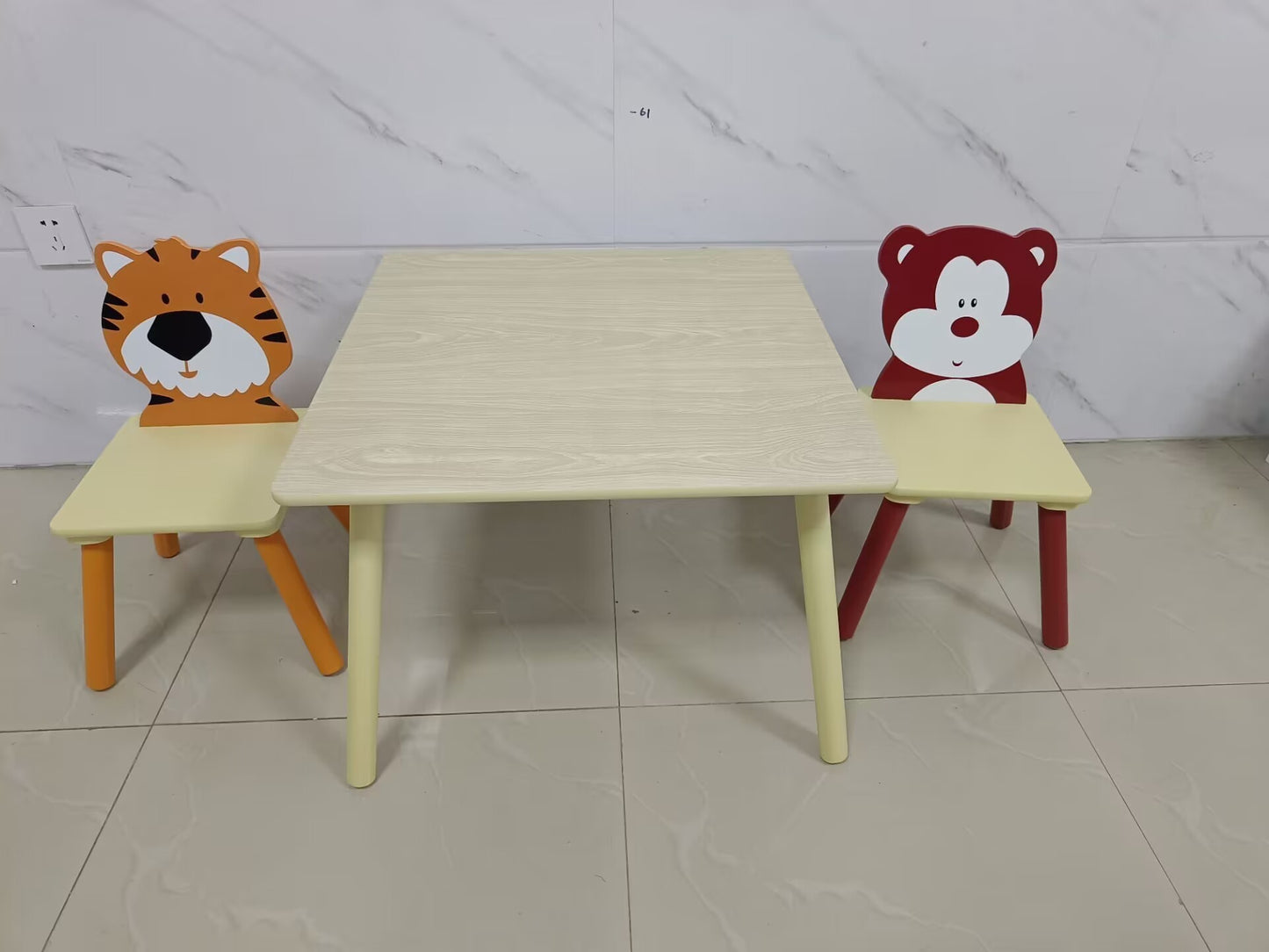 Kids Table and 2 Chairs Set, 3 Pieces Toddler Table and Chair Set, Wooden Activity Play Table Set (Bear&Tiger)