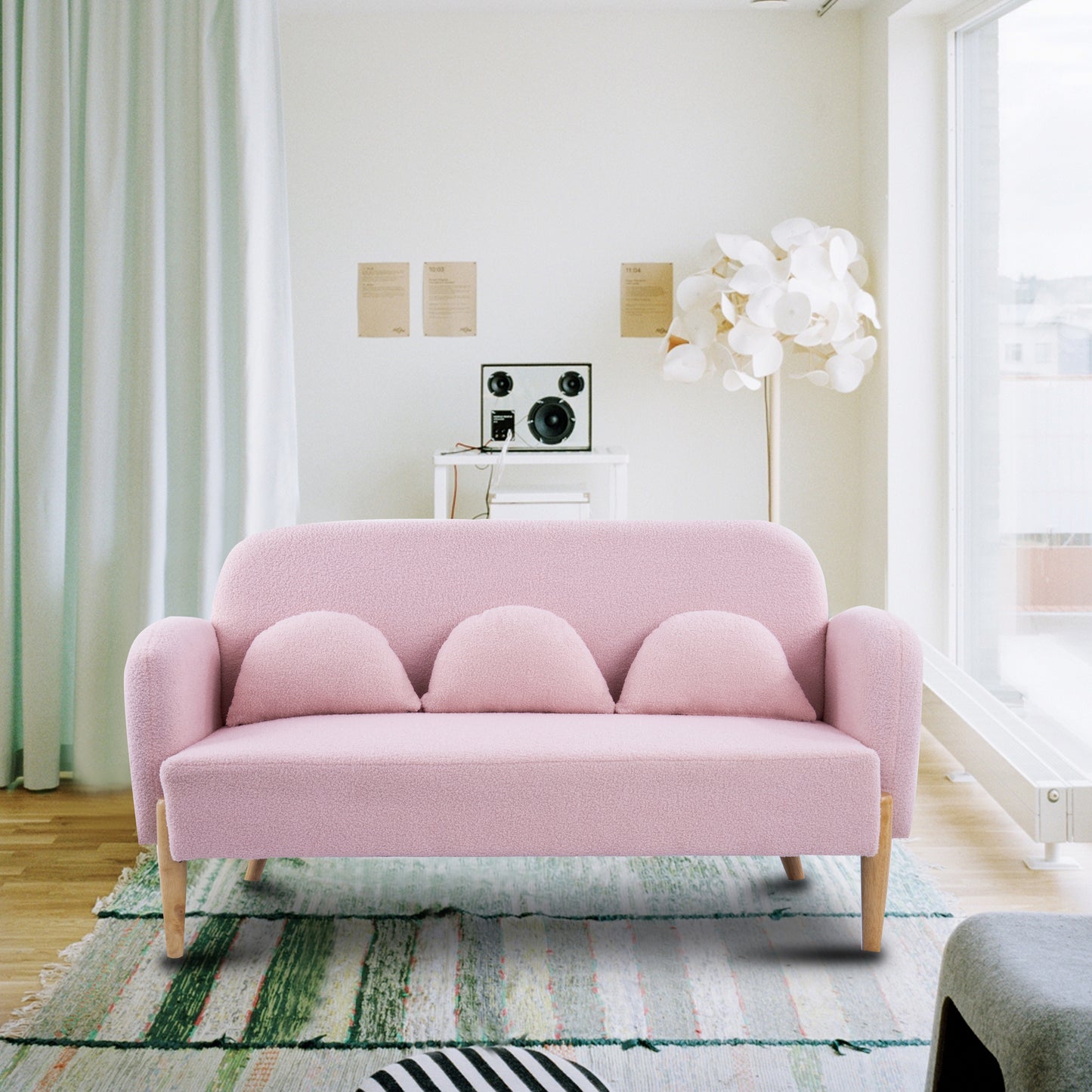 59.1" Teddy Velvet Pink Two-Seater Sofa with Three Lumbar Pillows