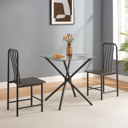 Dining Set for 2, Square Glass Tempered Dining Table with 4 Legs and 2 Metal Chair - Black & Brown