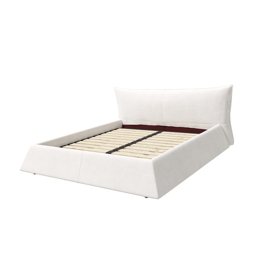 Queen Size Upholstered Platform Bed with Special Shaped Velvet Headboard, Metal & Solid Wood Frame,Cream