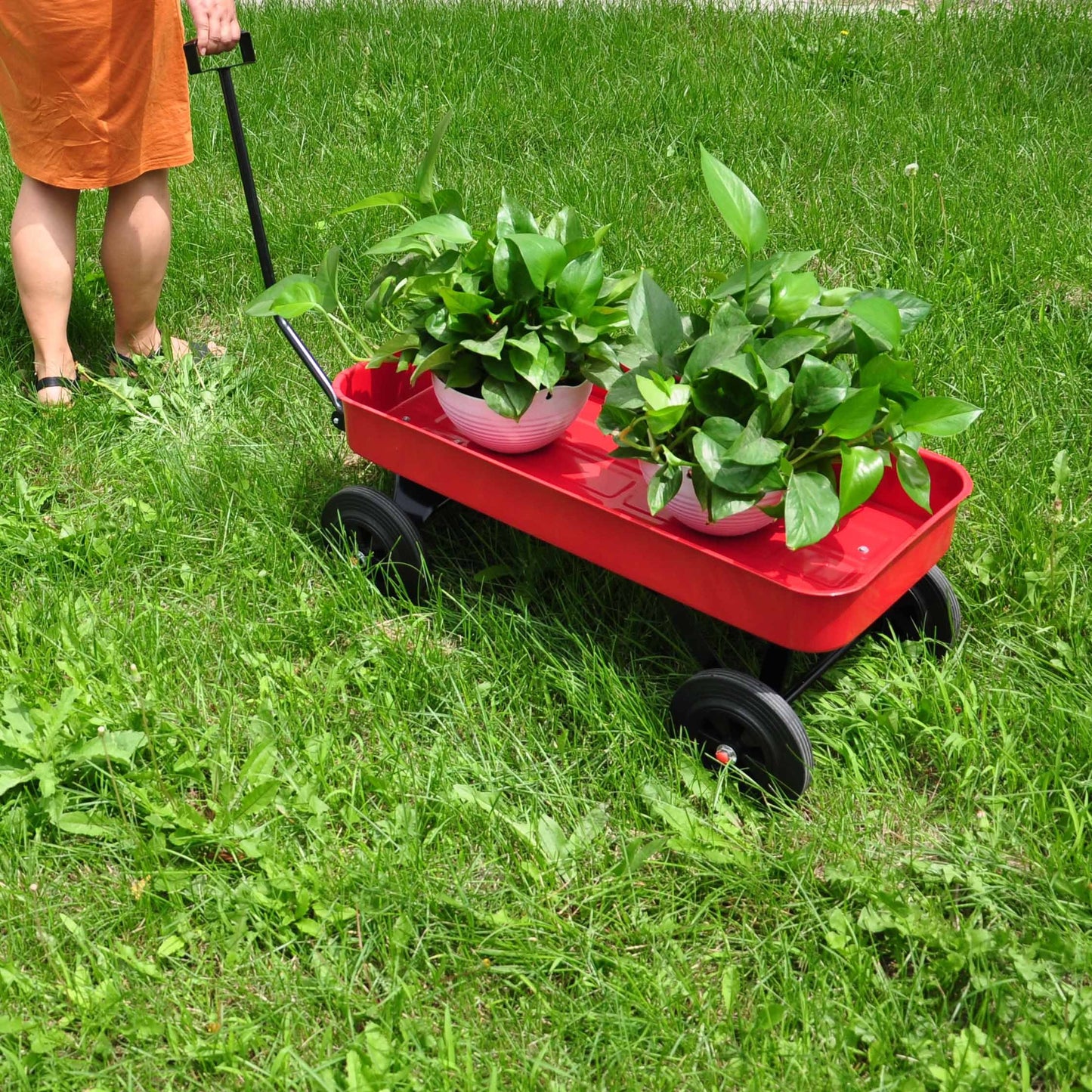 Garden cart Reuniong  Railing,  solid Wheels, All Terrain Cargo Wagon with 280lbs Weight Capacity, Red