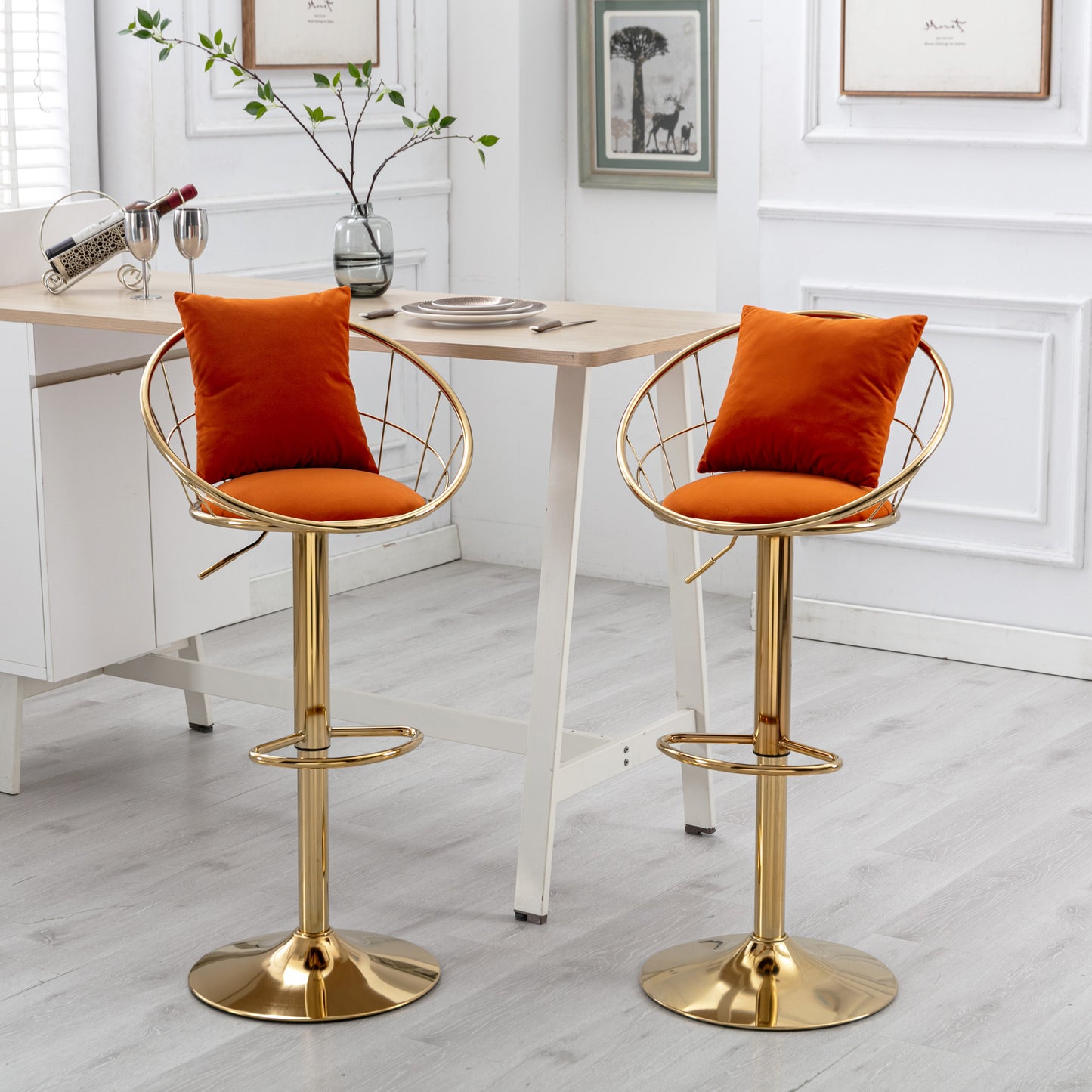 Orange velvet bar chair, pure gold plated